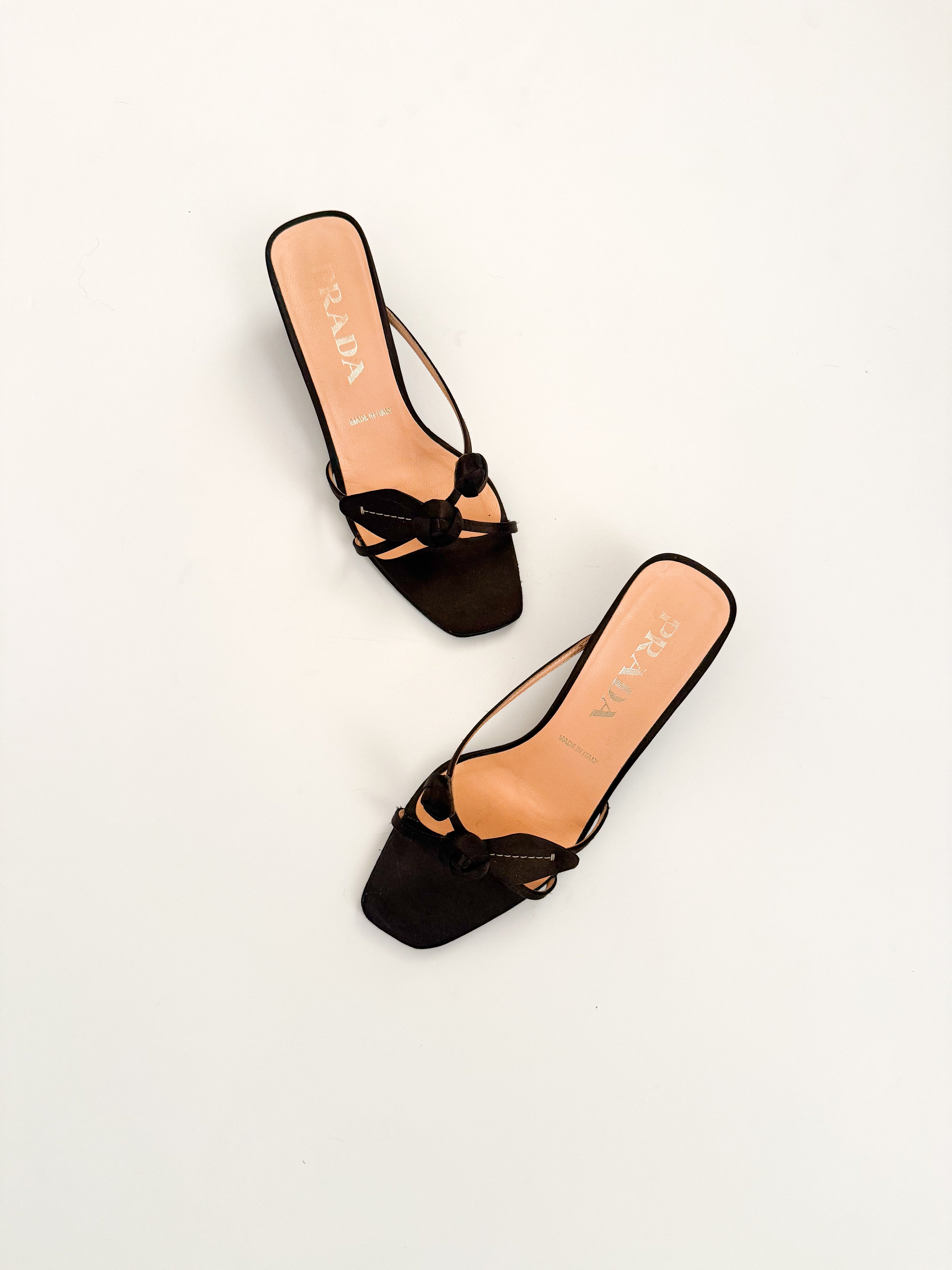 Prada Rosebud Black Satin Kitten Heels