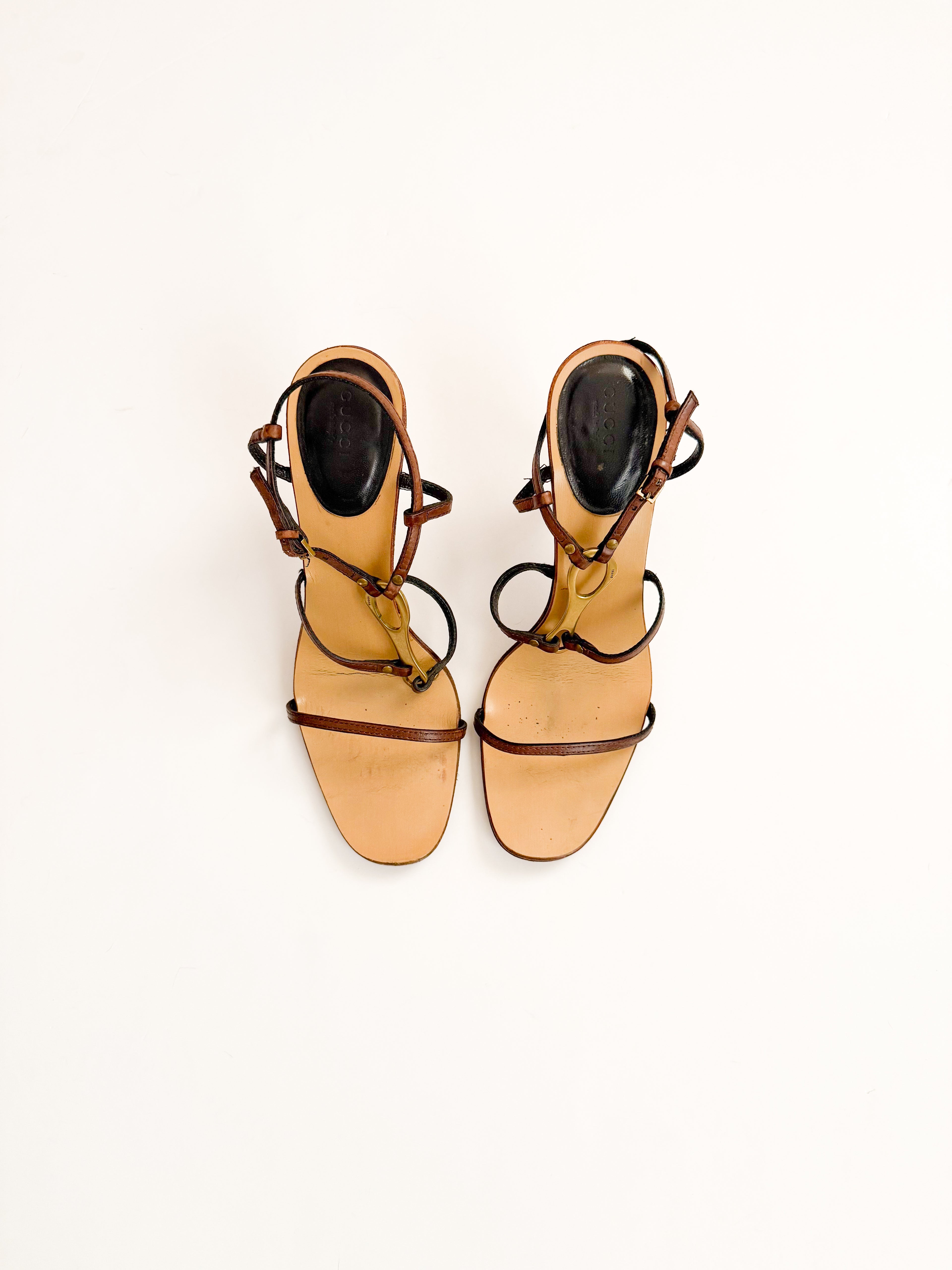 Gucci Horsebit Brown Strappy Leather Heels