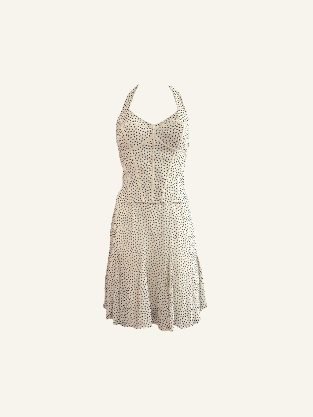 Sue Wong Ivory Silk Polka Dot Corset Halter Dress
