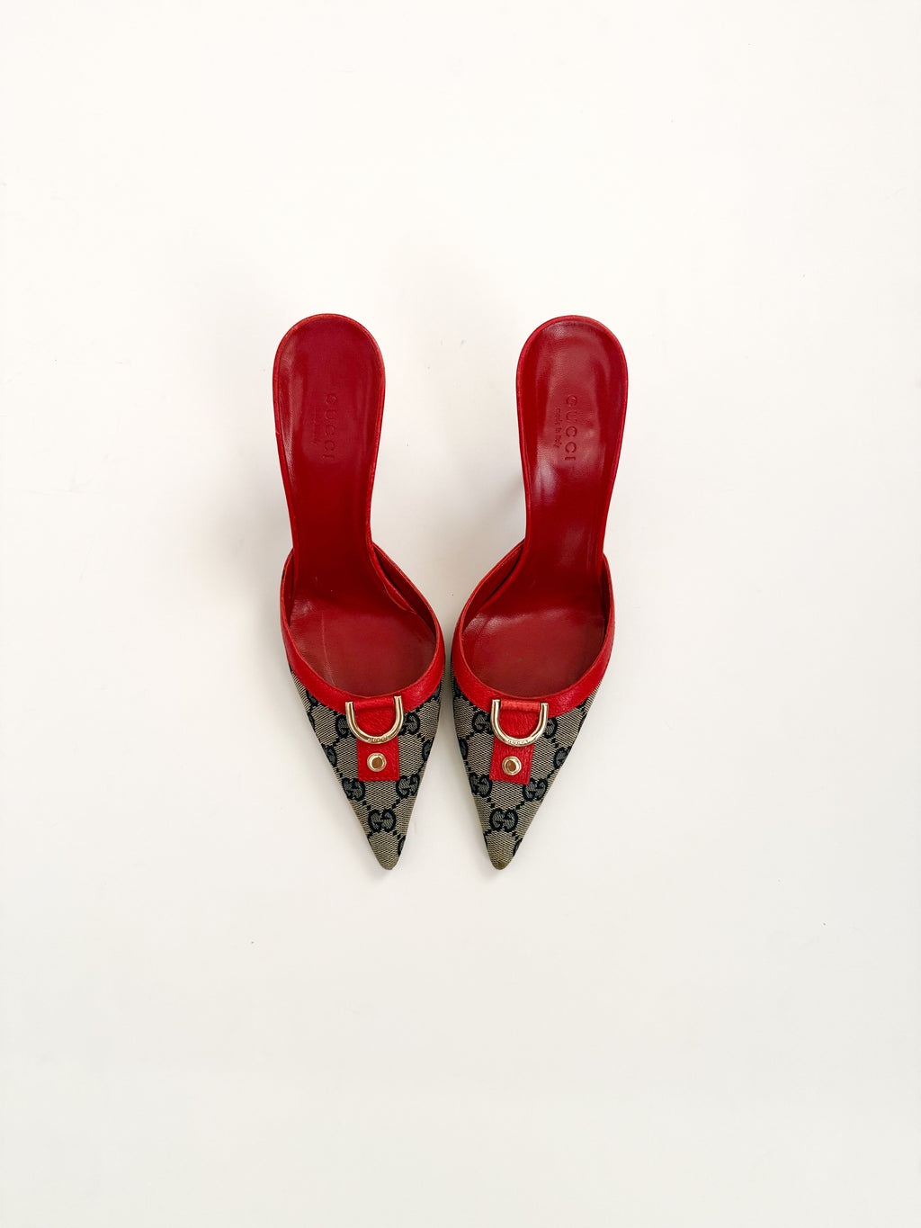 Gucci Red Leather Monogram Pointed Mules