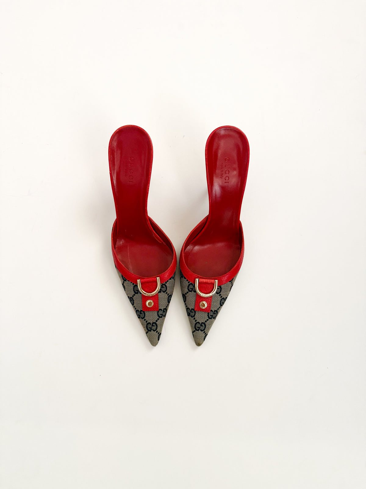 Gucci Red Leather Monogram Pointed Mules