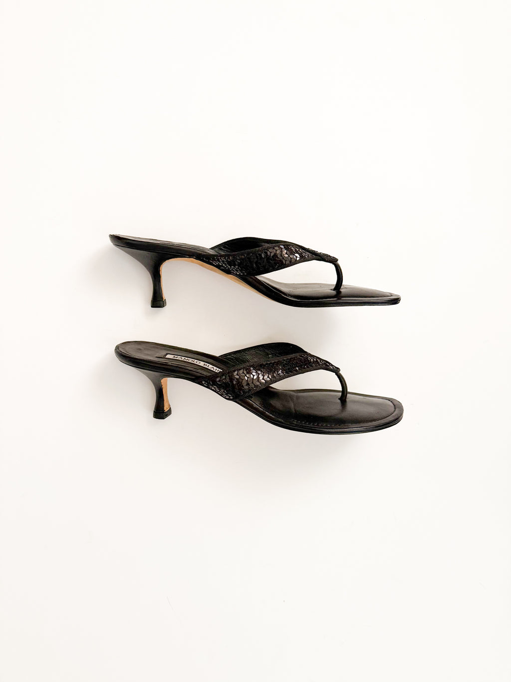 Manolo Blahnik Black Sequin Thong Heels