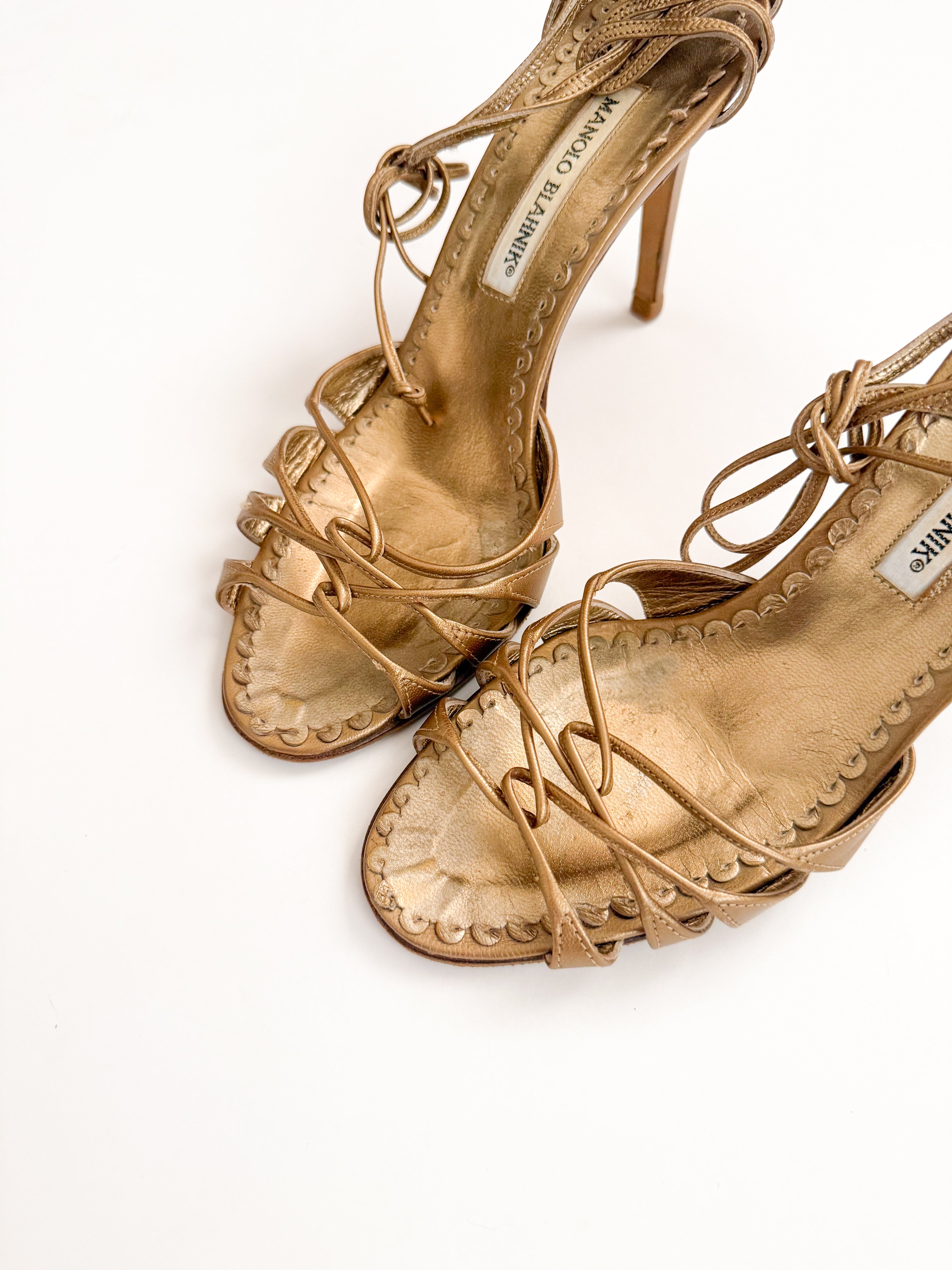 Manolo Blahnik Brown Metallic Strappy Heels