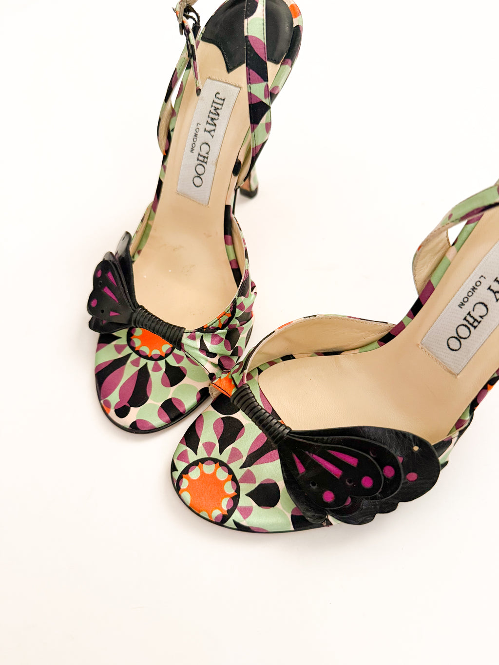 Jimmy Choo Butterfly Appliqué Satin Slingback Heels