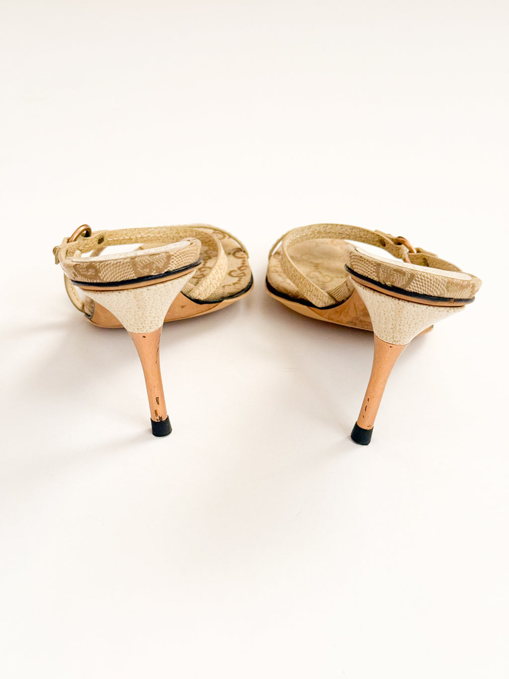 Gucci Beige Monogram Strappy Pointed Heels