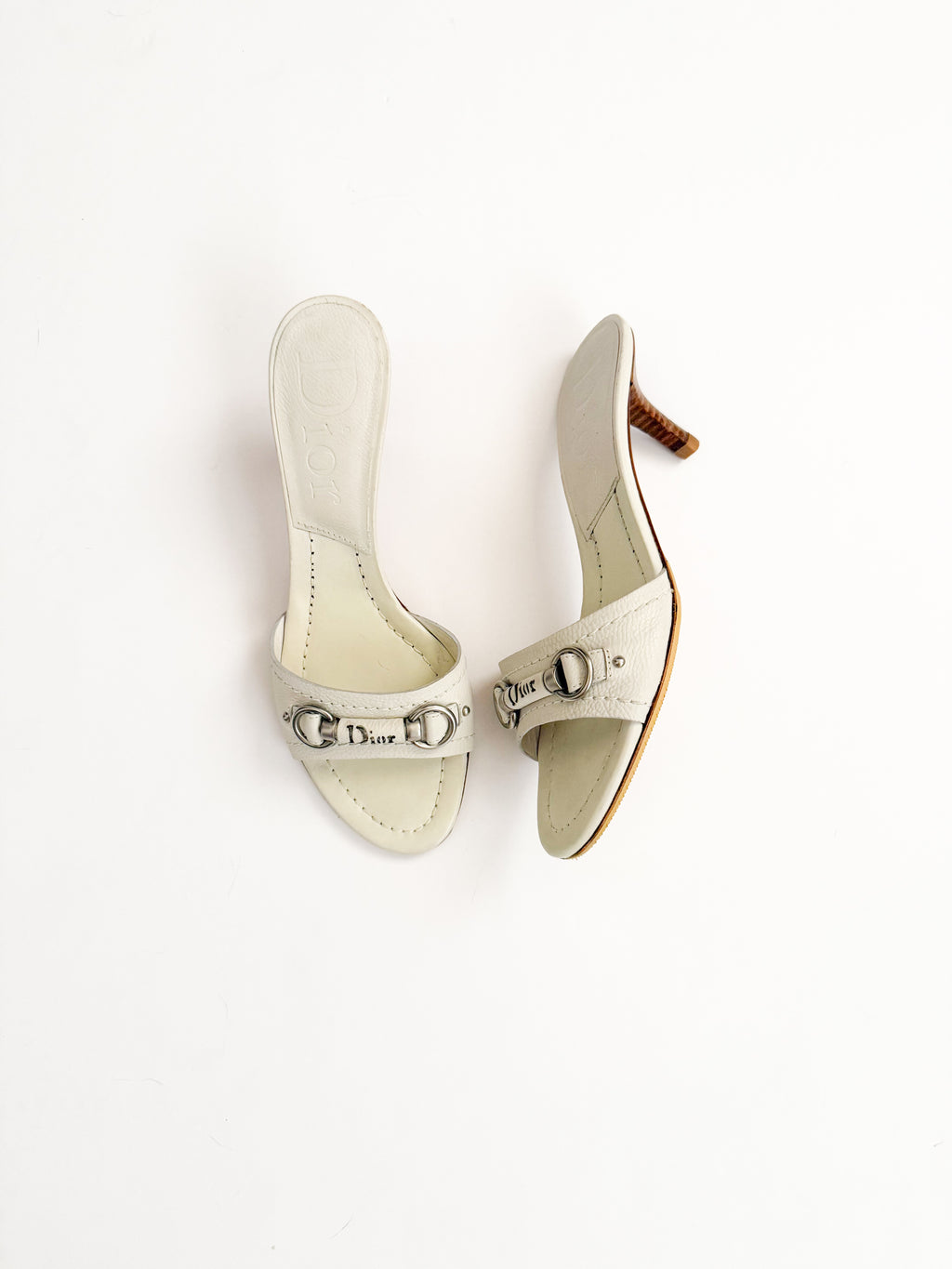 Christian Dior White Leather Silver Bar Kitten Heels