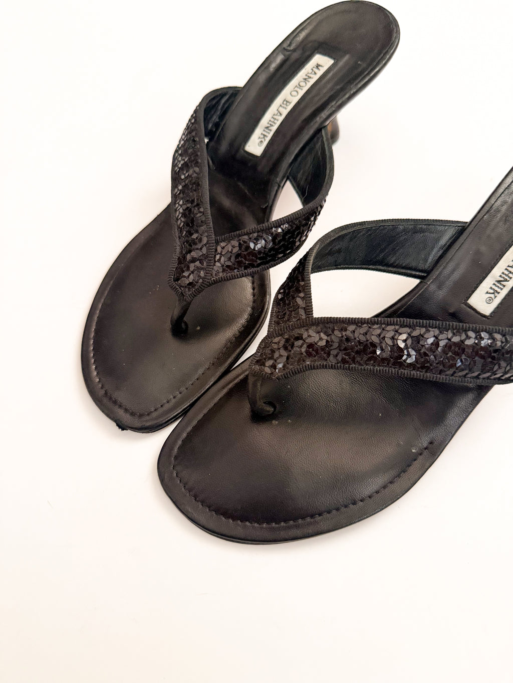 Manolo Blahnik Black Sequin Thong Heels