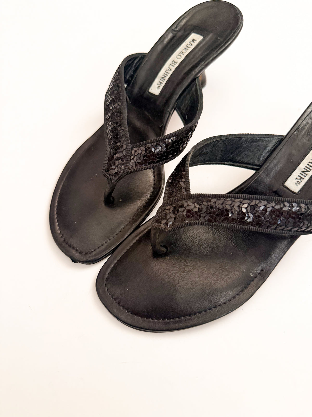 Manolo Blahnik Black Sequin Thong Heels