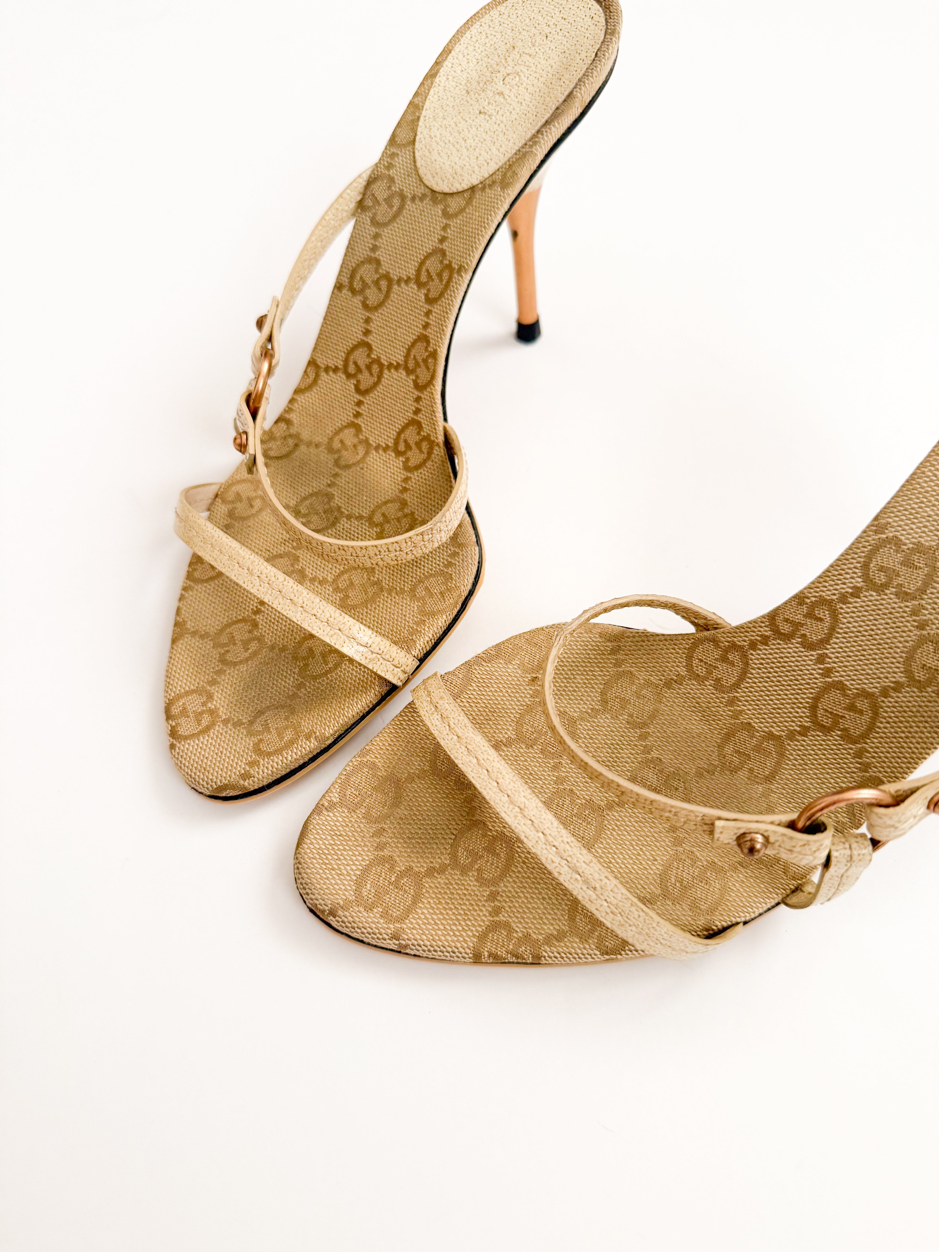 Gucci Beige Monogram Strappy Pointed Heels