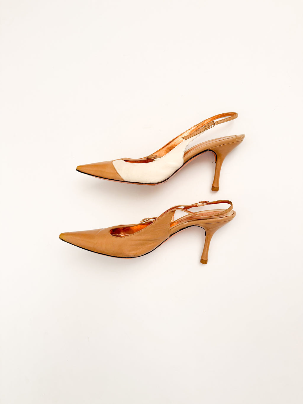 Dolce & Gabbana Tan & White Pointed Slingback Heels