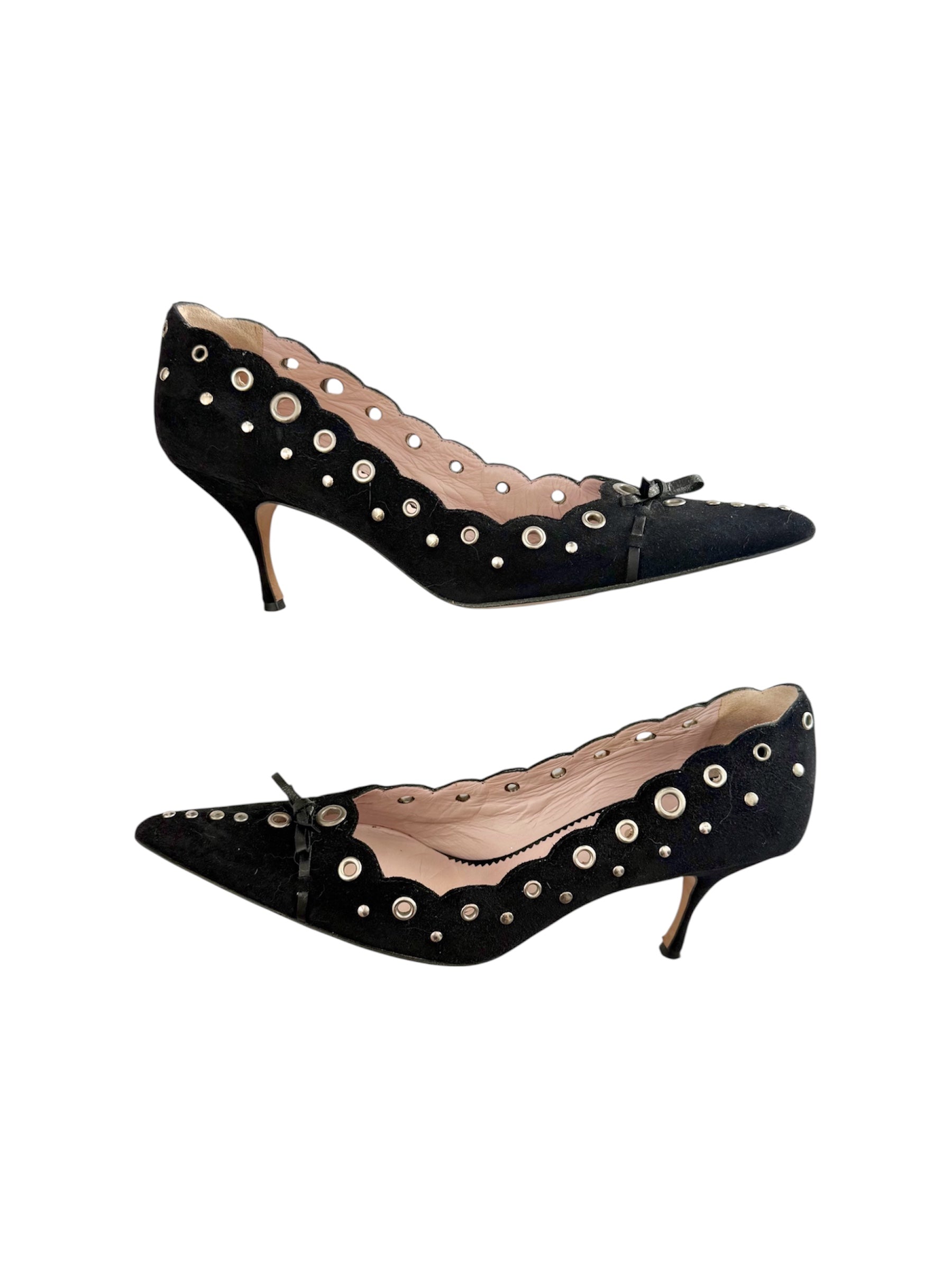Prada Black Suede Eyelet Bow Pointed Pumps