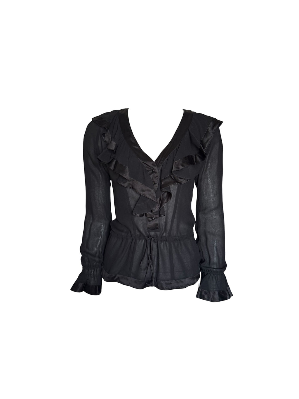 Blumarine Black Silk Ruffle Long Sleeve Blouse