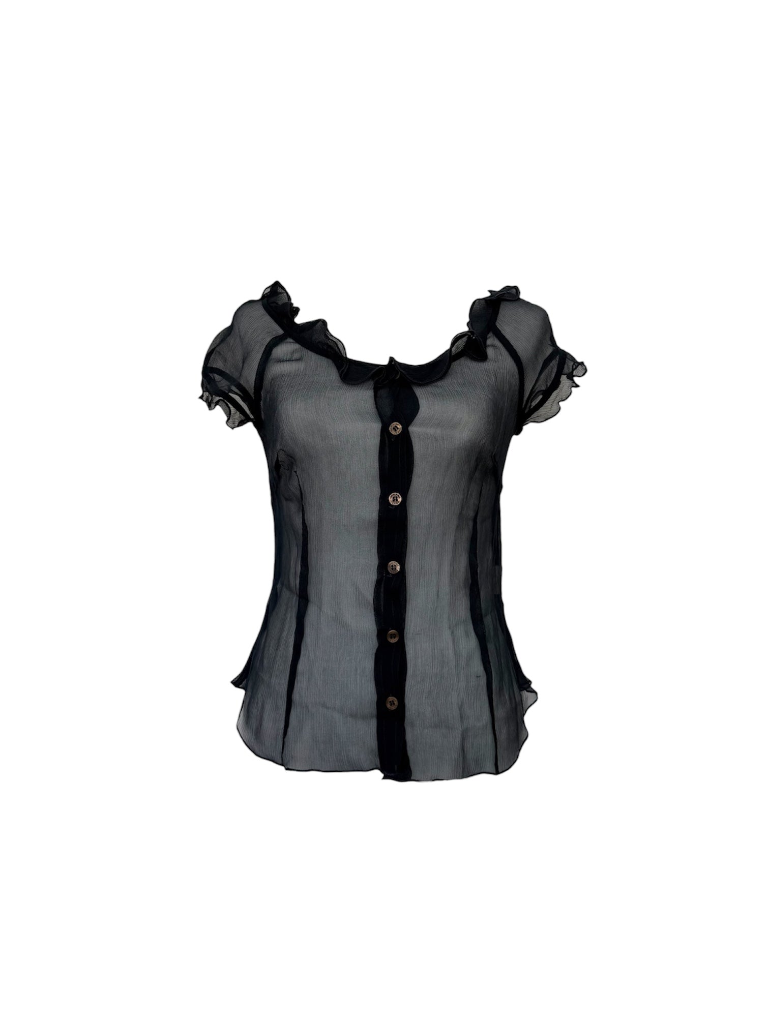 Moschino 100% Silk Black Sheer Ruffle Blouse