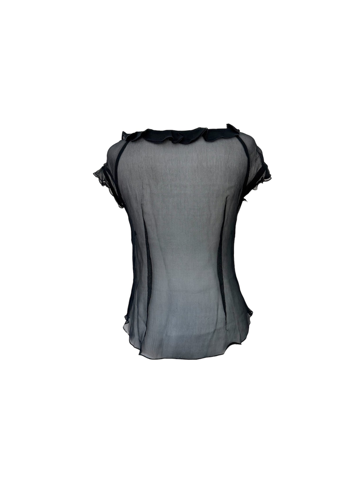 Moschino 100% Silk Black Sheer Ruffle Blouse