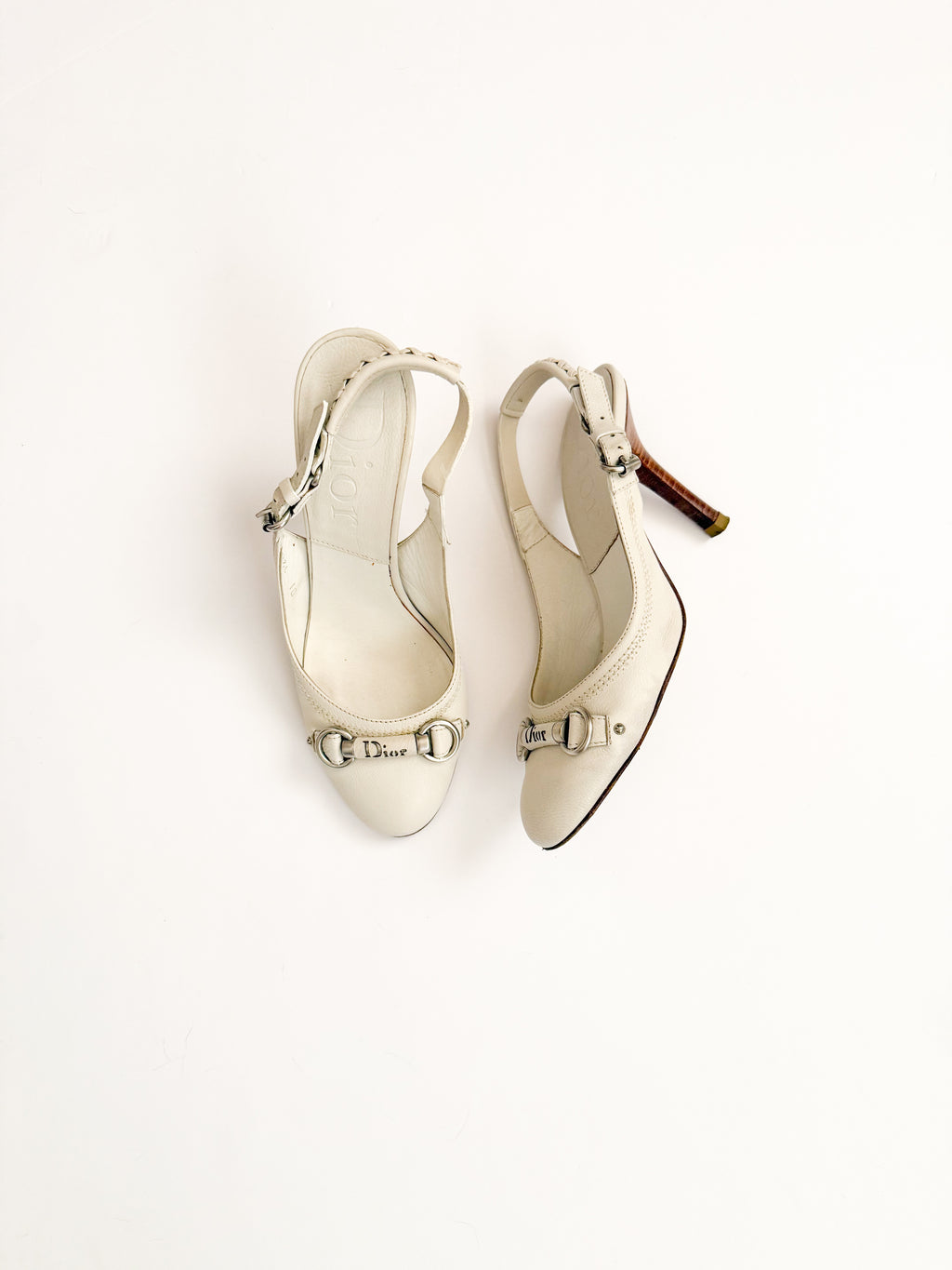 Christian Dior White Leather Round Toe Slingback Heels