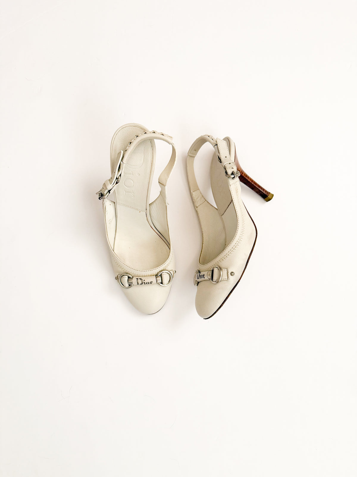 Christian Dior White Leather Round Toe Slingback Heels