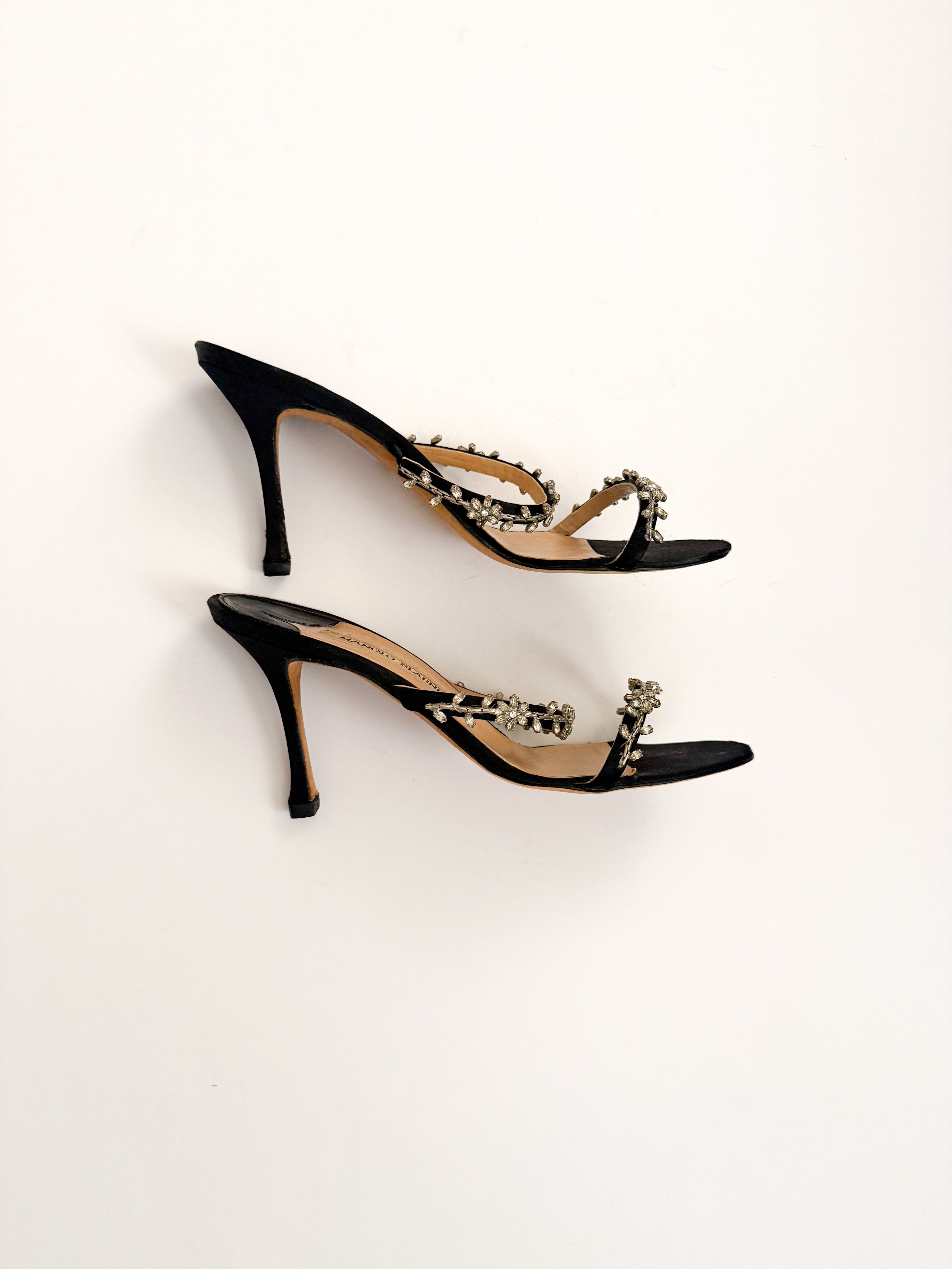 Manolo Blahnik Floral Crystal Black Heels