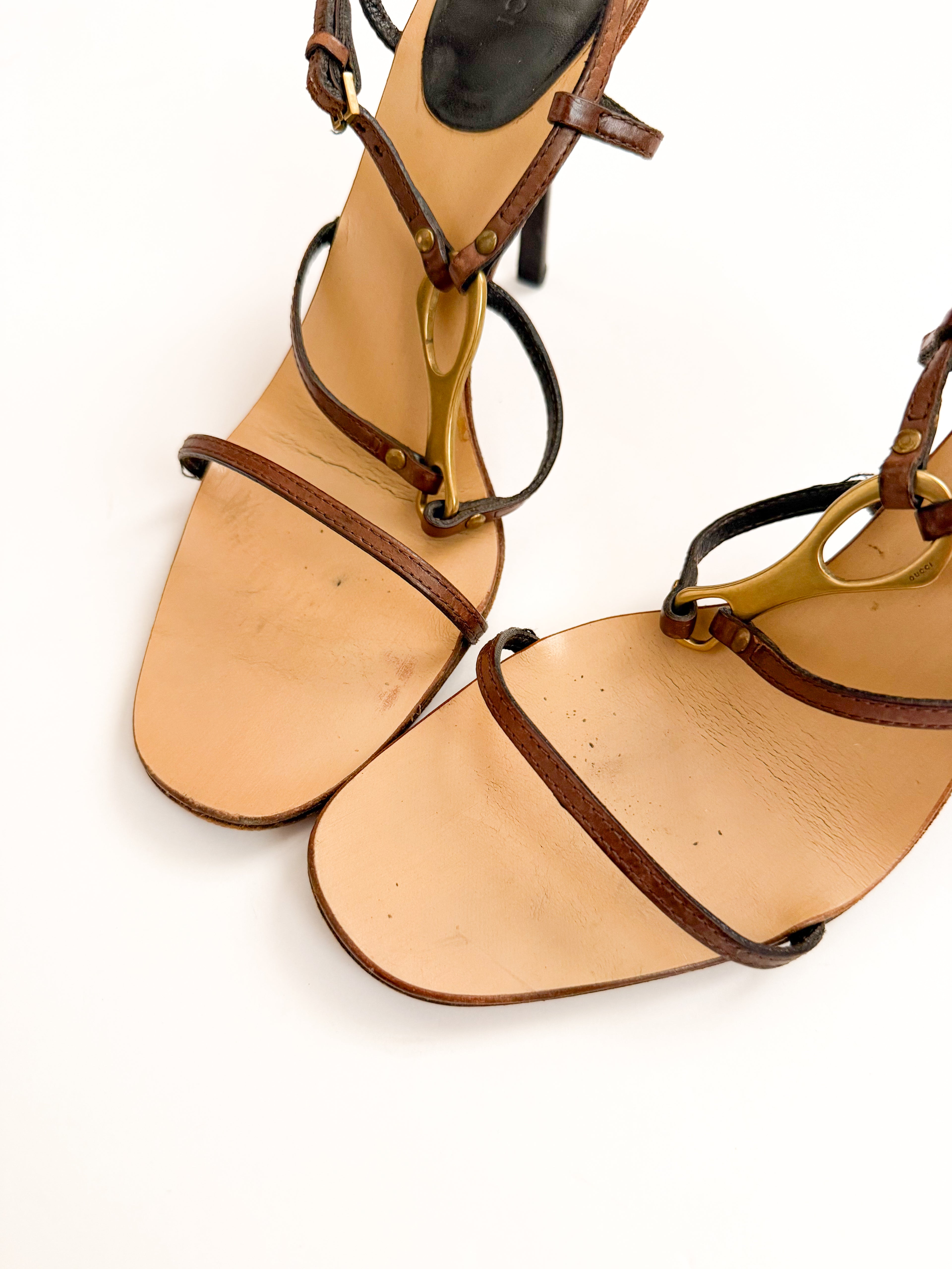 Gucci Horsebit Brown Strappy Leather Heels