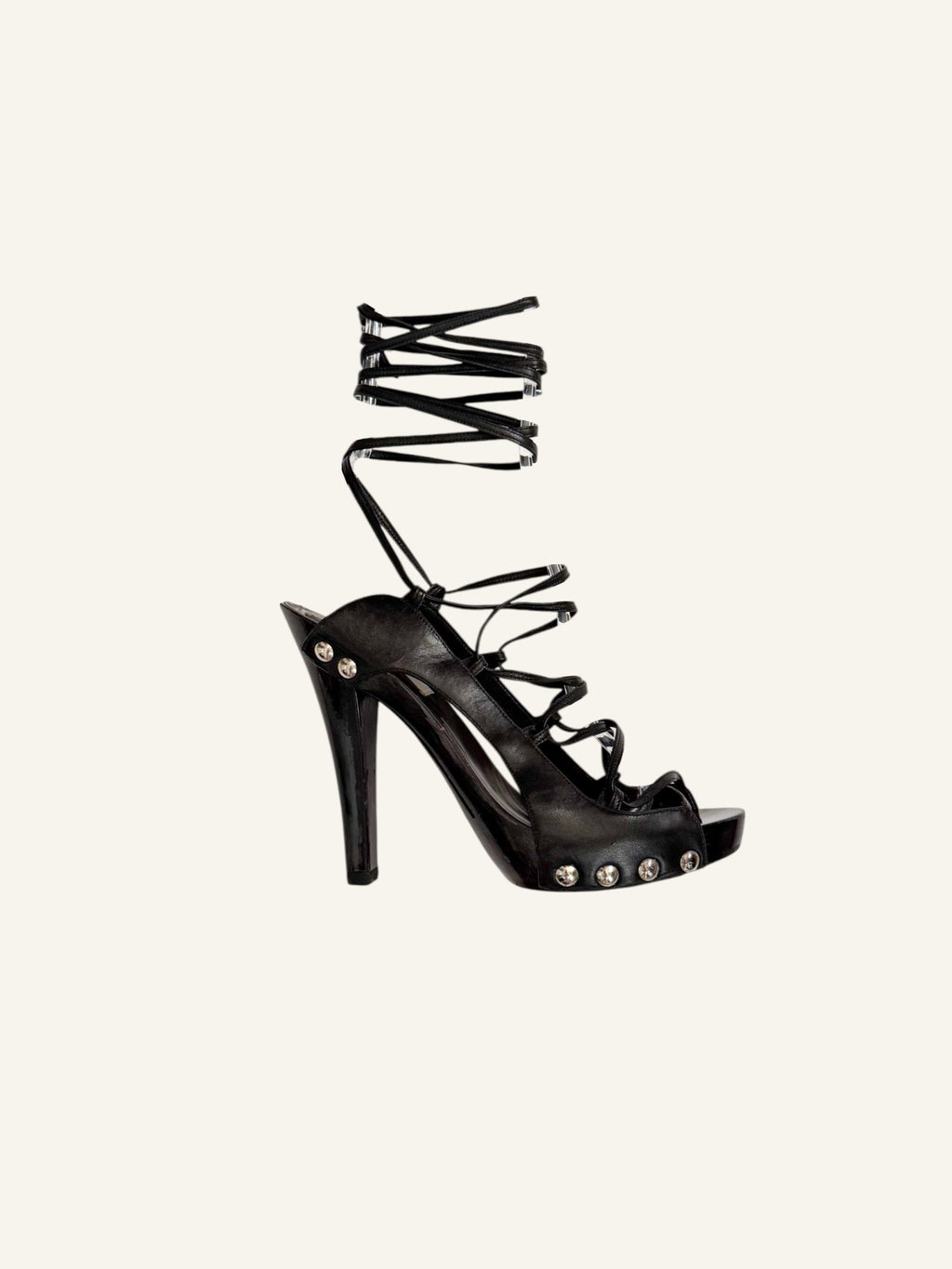 Manolo Blahnik Black Strappy Lace Up Studded Heels