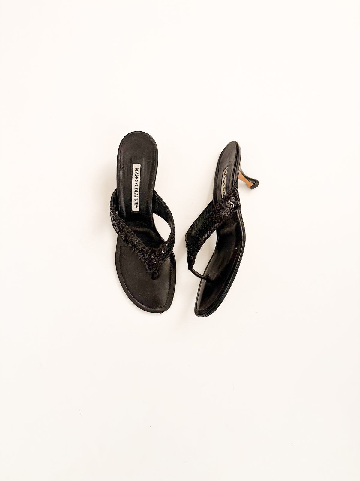 Manolo Blahnik Black Sequin Thong Heels
