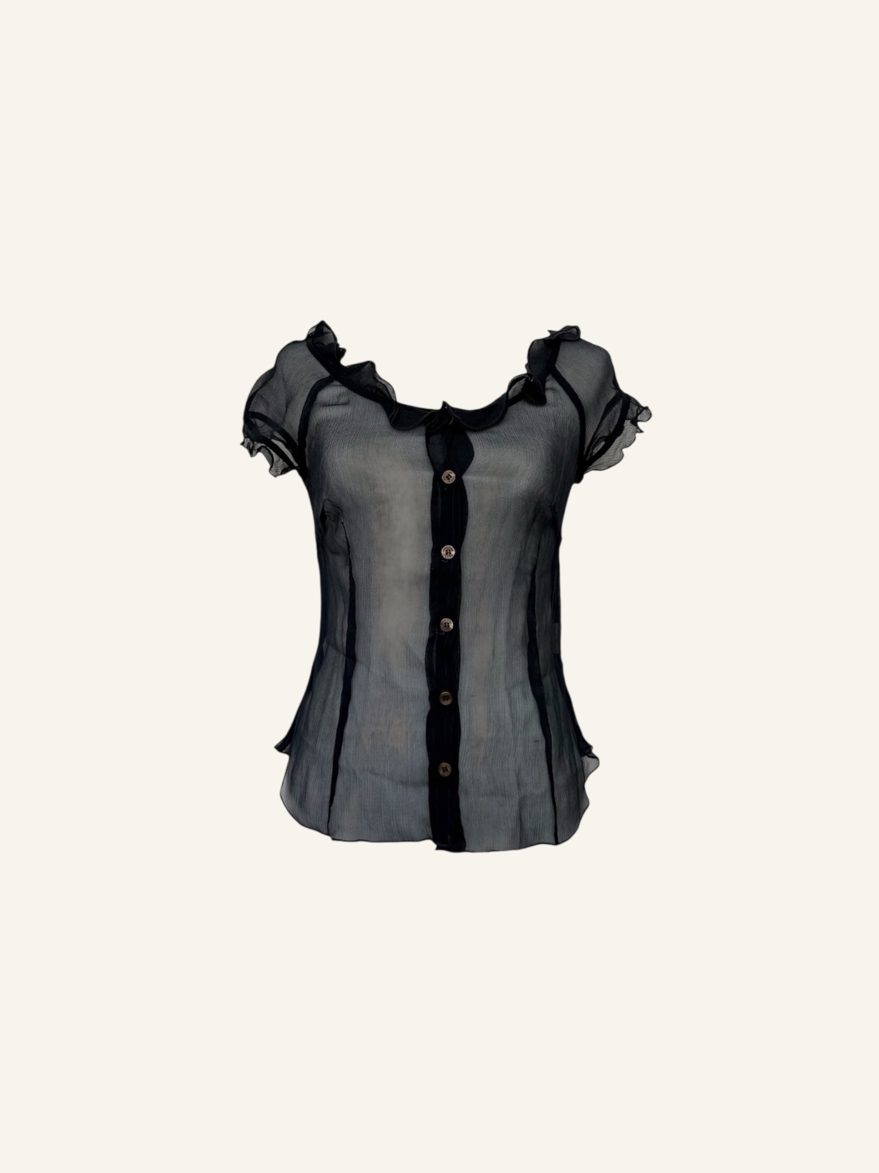 Moschino Silk Black Sheer Ruffle Blouse