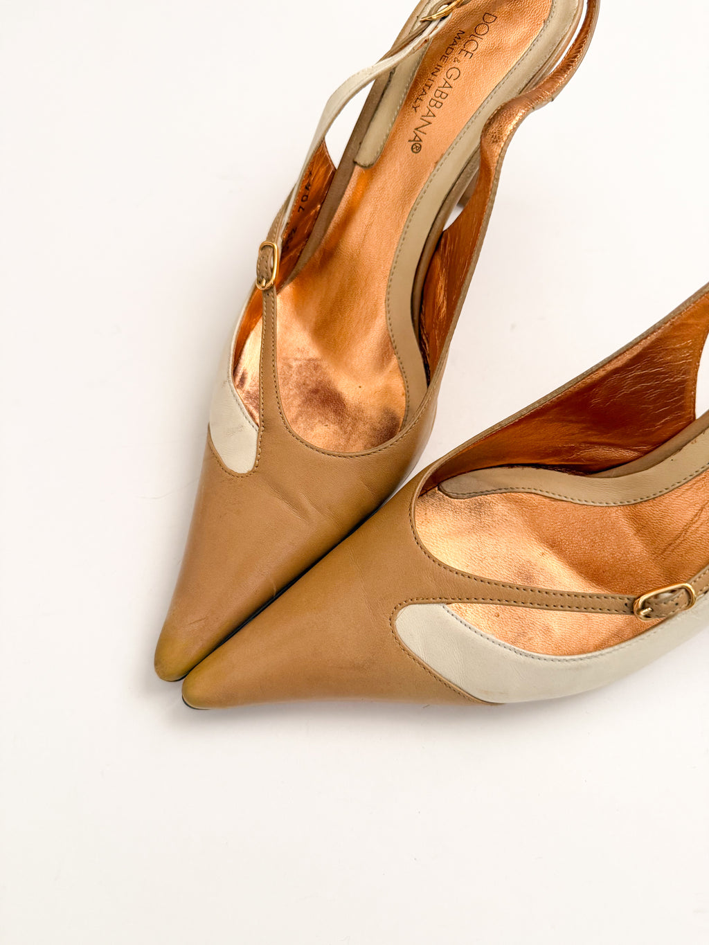 Dolce & Gabbana Tan & White Pointed Slingback Heels