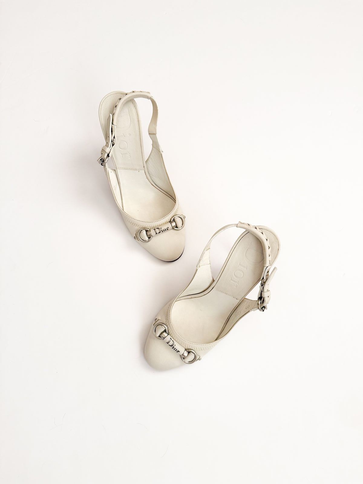 Christian Dior White Leather Round Toe Slingback Heels