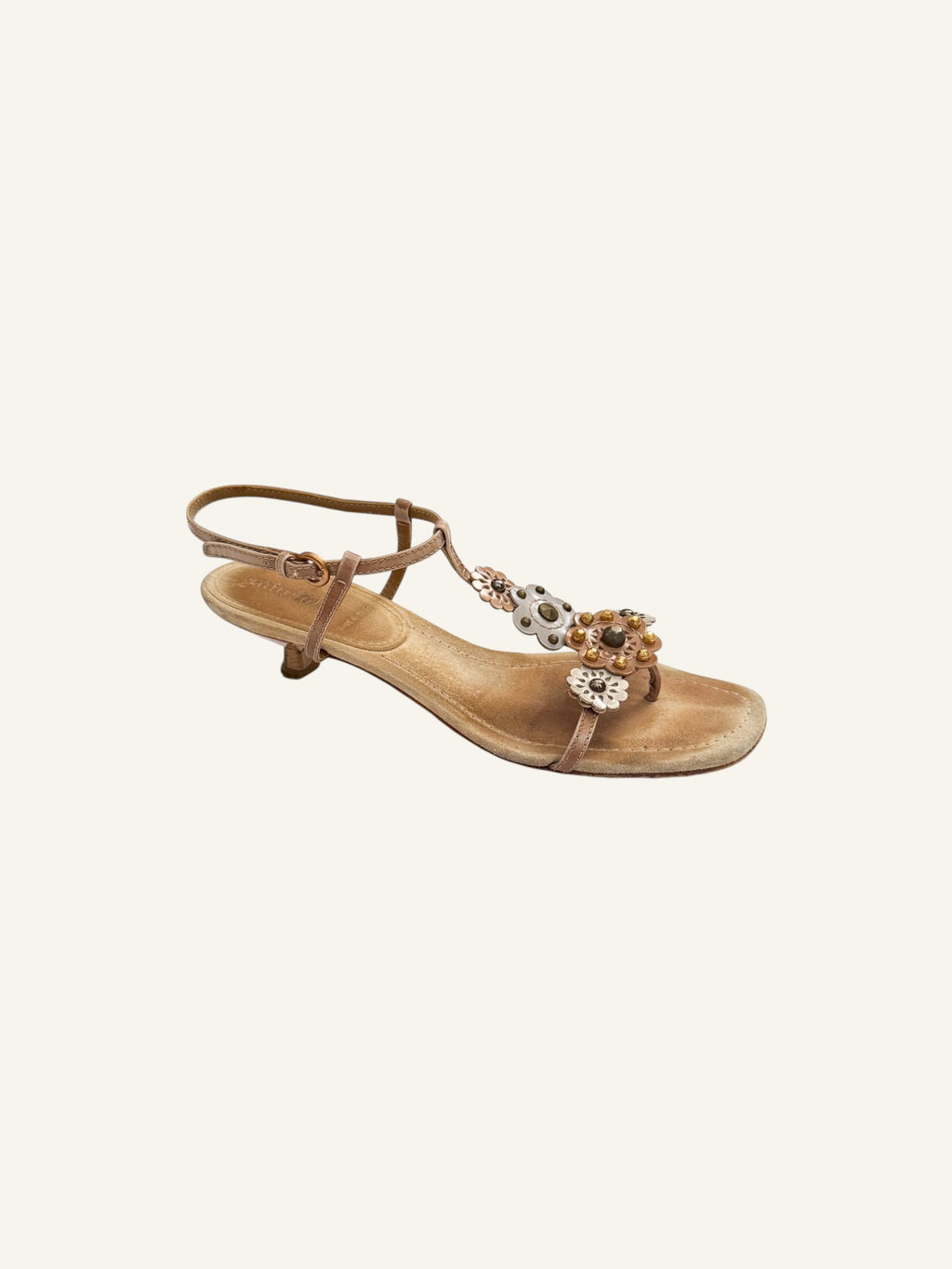 Miu Miu Tan & Blue Flower Embellished Heels