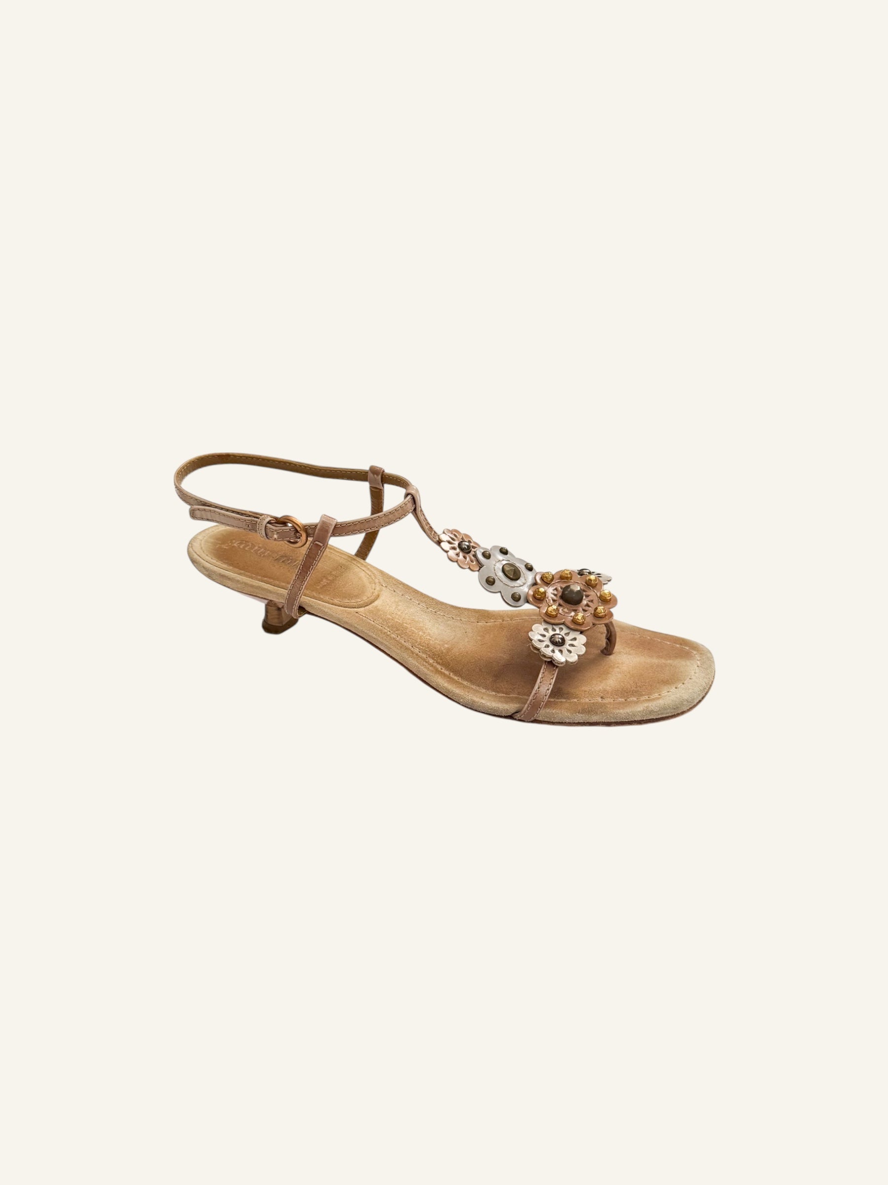 Miu Miu Tan & Blue Flower Embellished Heels
