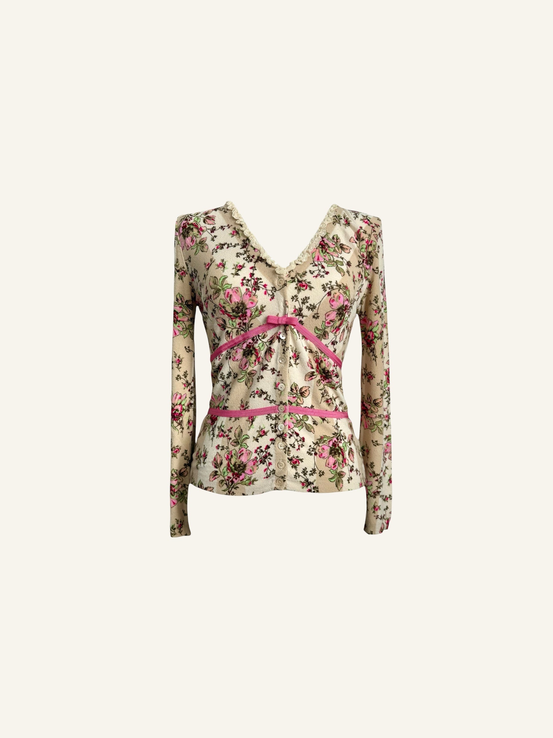 Blumarine Pink Bow Floral Cardigan