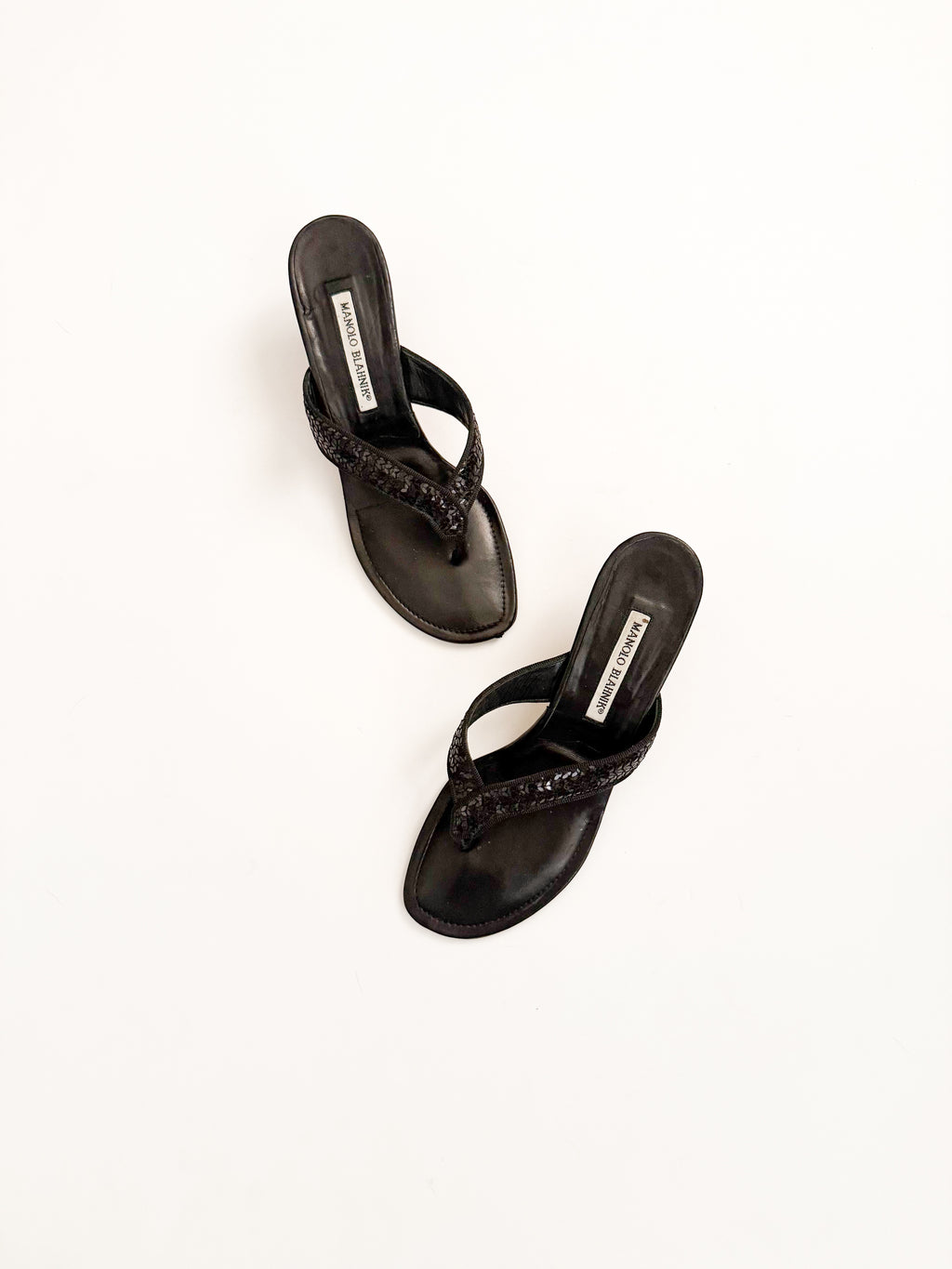 Manolo Blahnik Black Sequin Thong Heels