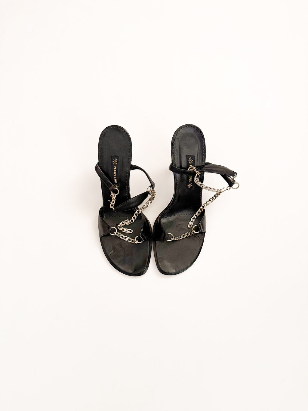 Plein Sud Black Leather Silver Chain Heels