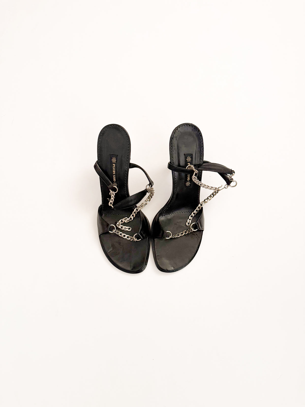 Plein Sud Black Leather Silver Chain Heels