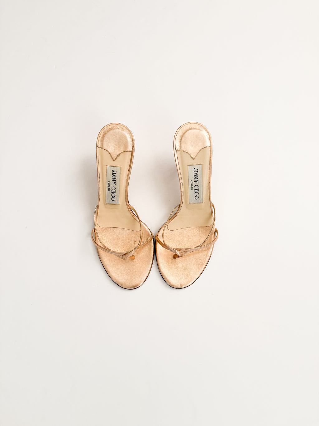Jimmy Choo Rose Gold Metallic Thong Strappy Heels