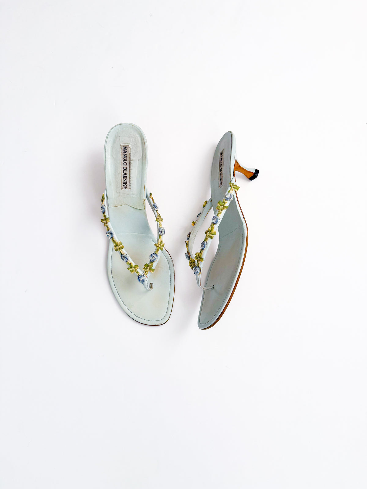Manolo Blahnik Floral Blue Thong Heels