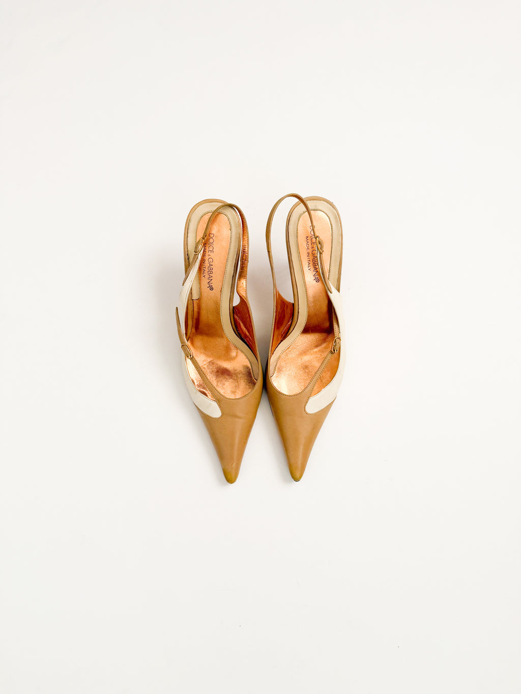 Dolce & Gabbana Tan & White Pointed Slingback Heels