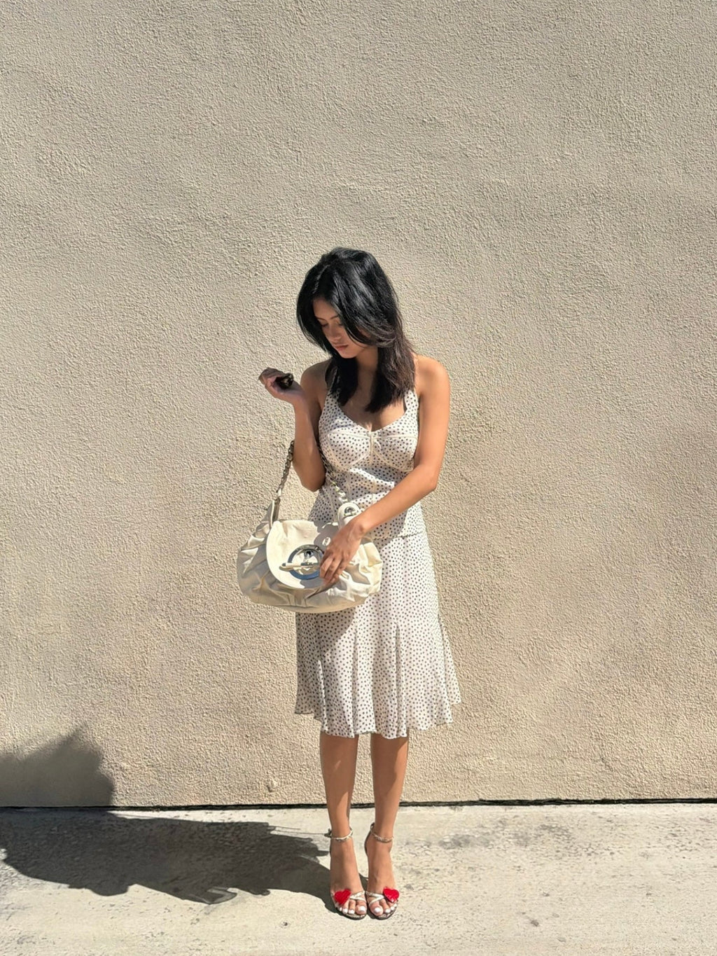 Sue Wong Ivory Silk Polka Dot Corset Halter Dress