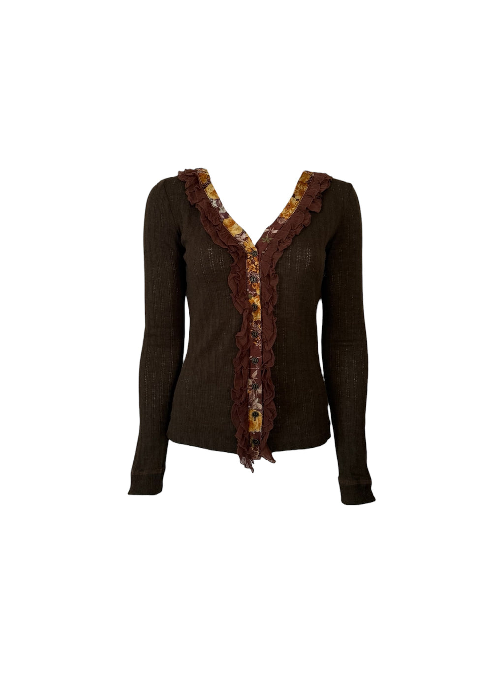 Dolce & Gabbana Floral Ruffle Brown Long Sleeve Top