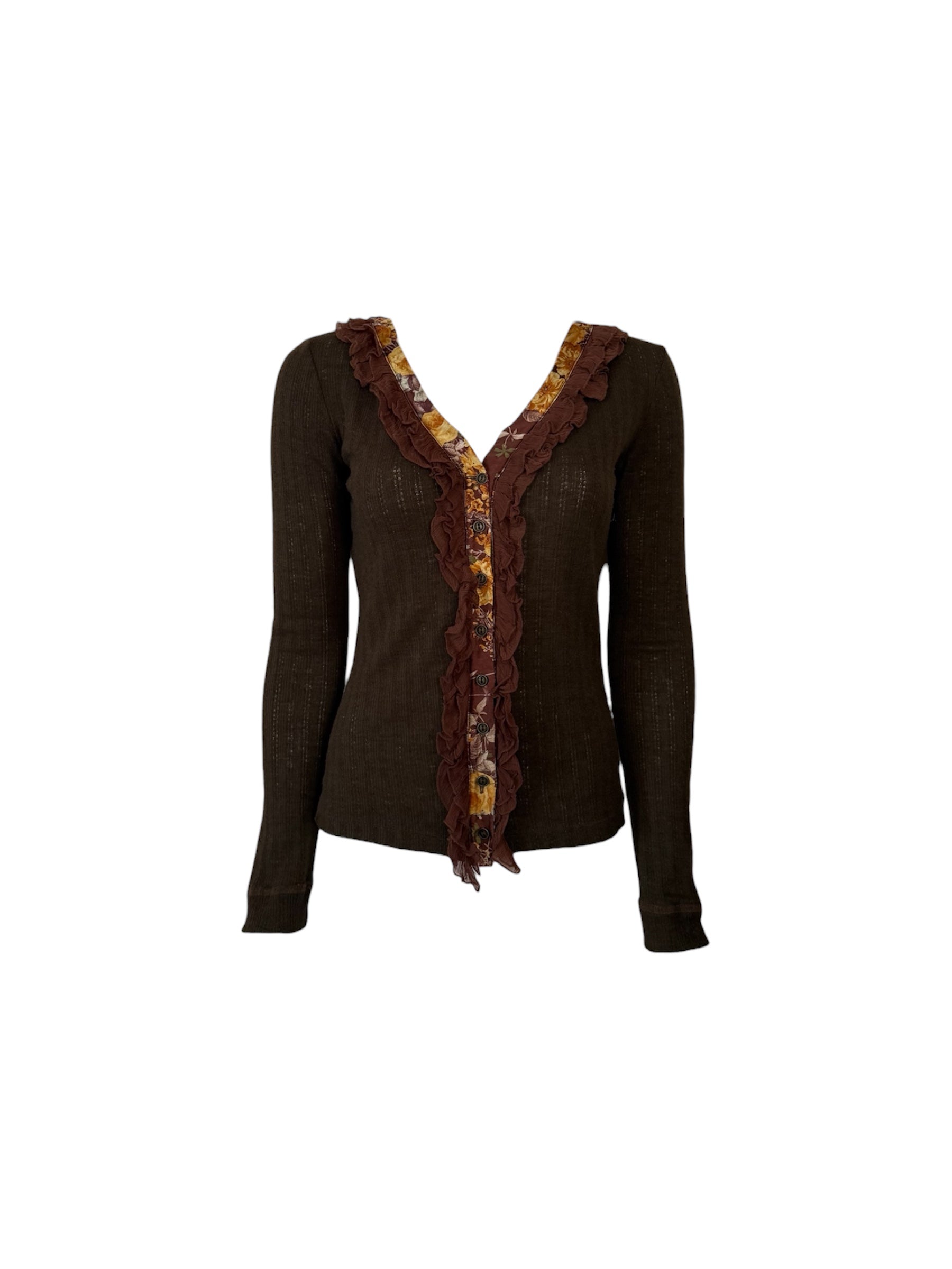 Dolce & Gabbana Floral Ruffle Brown Long Sleeve Top