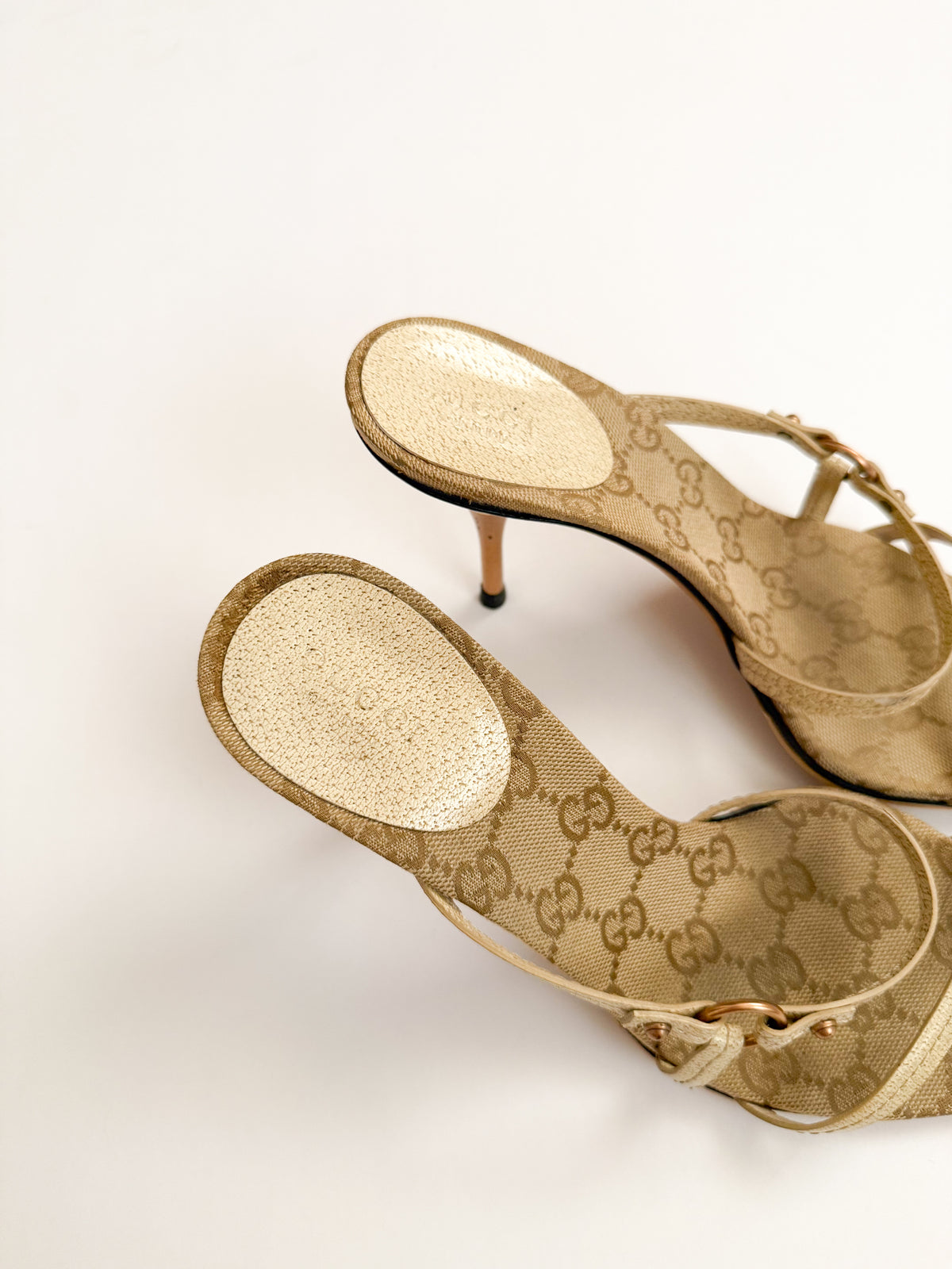 Gucci Beige Monogram Strappy Pointed Heels