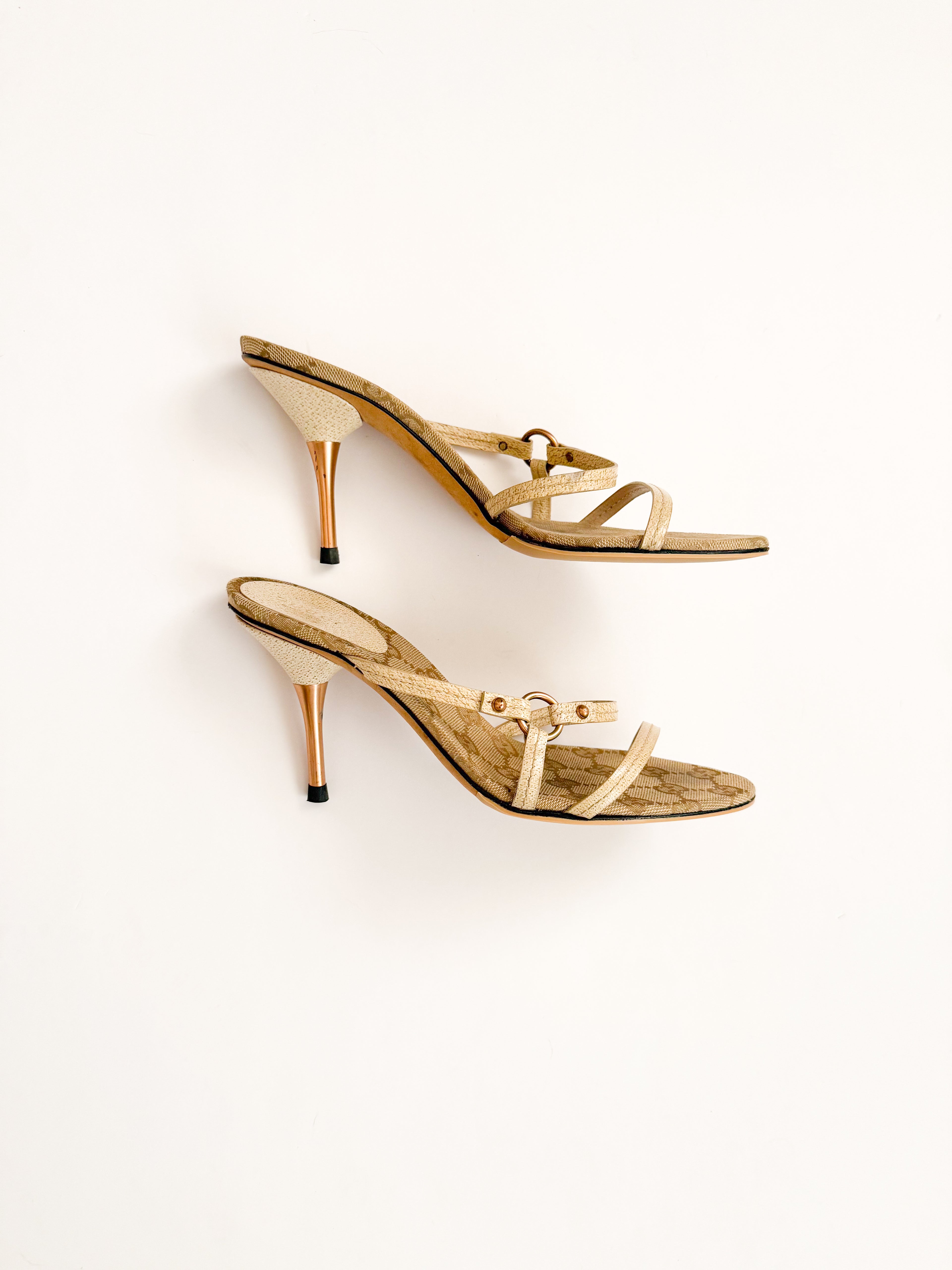 Gucci Beige Monogram Strappy Pointed Heels