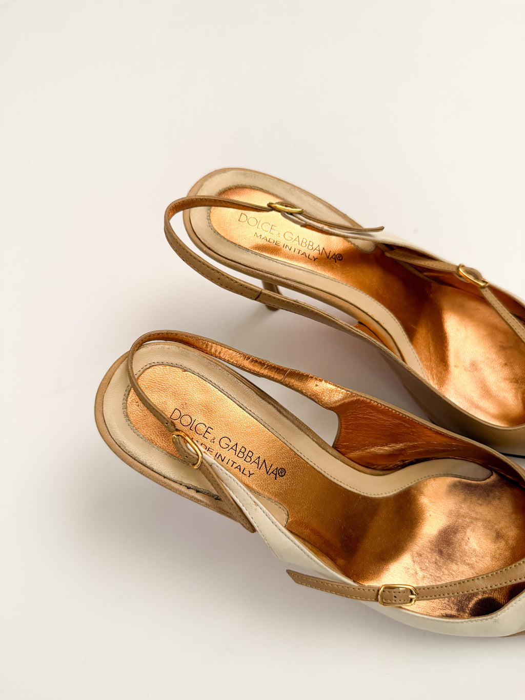 Dolce & Gabbana Tan & White Pointed Slingback Heels