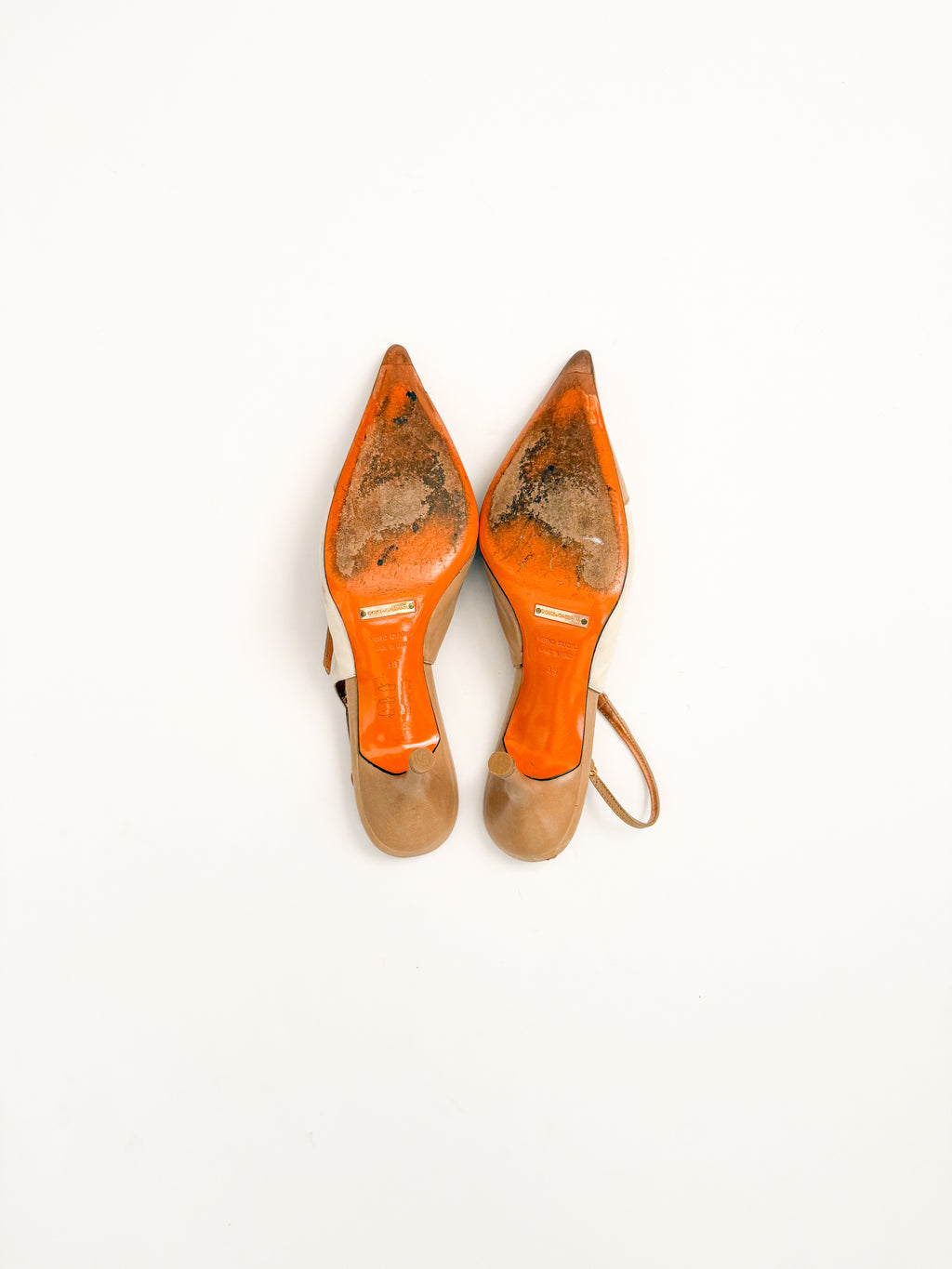 Dolce & Gabbana Tan & White Pointed Slingback Heels