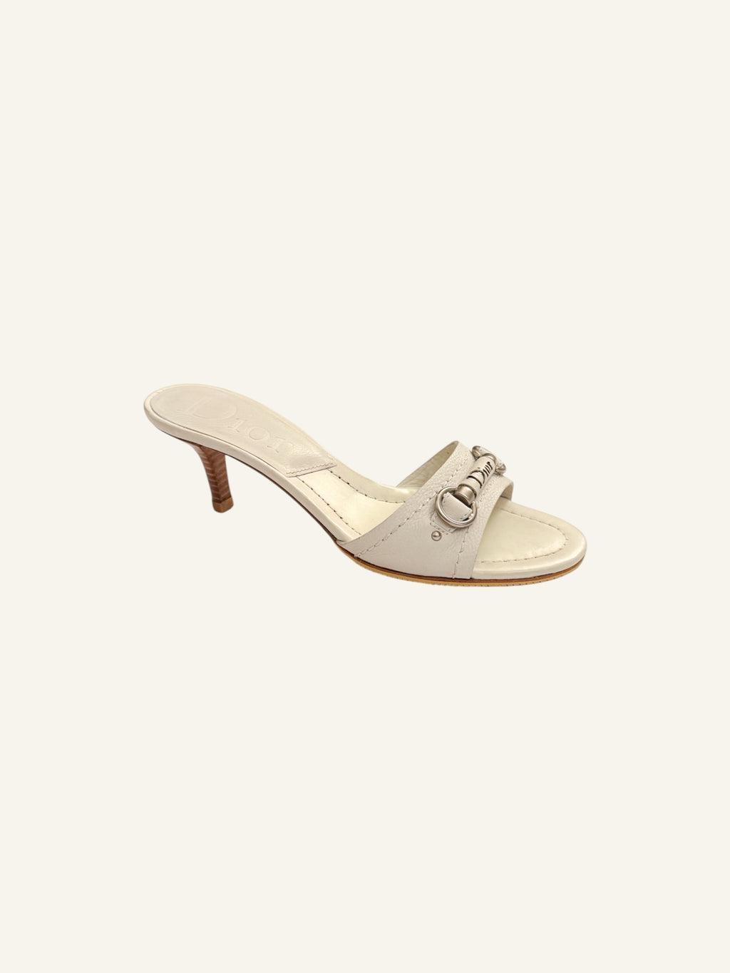 Christian Dior White Leather Silver Bar Kitten Heels