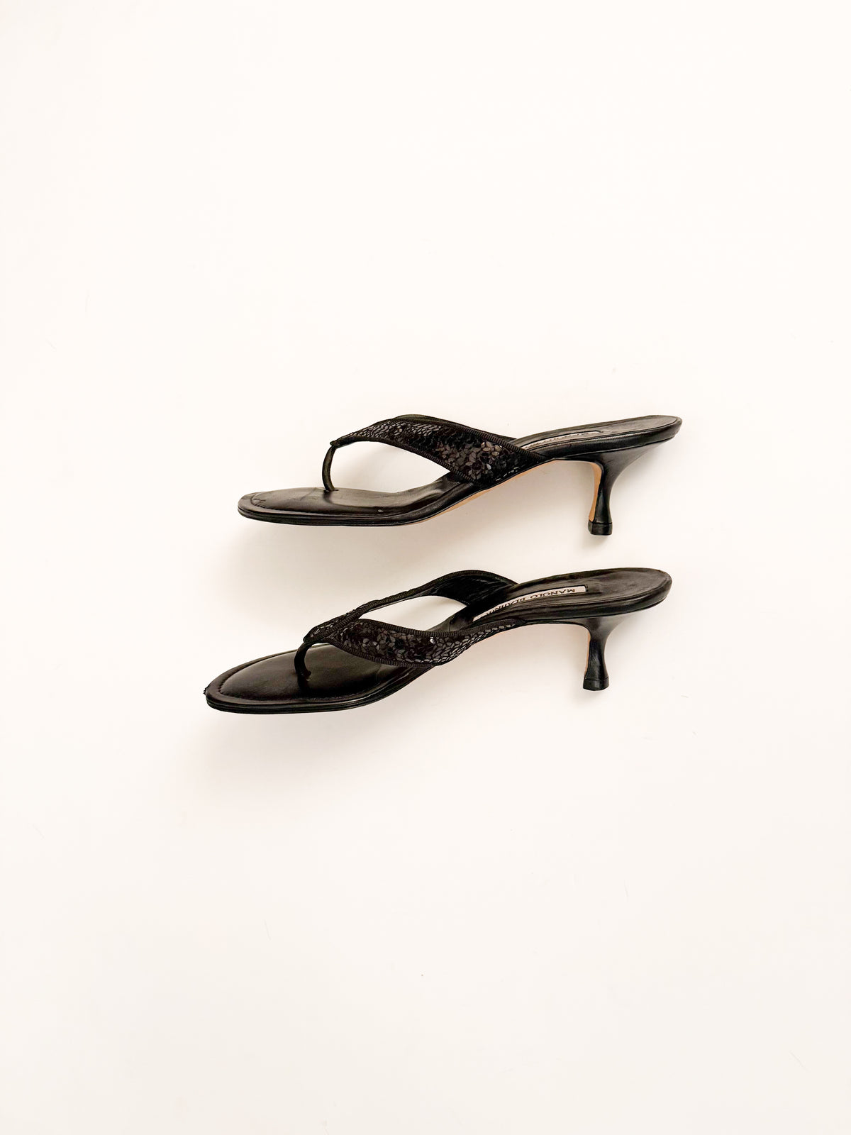 Manolo Blahnik Black Sequin Thong Heels