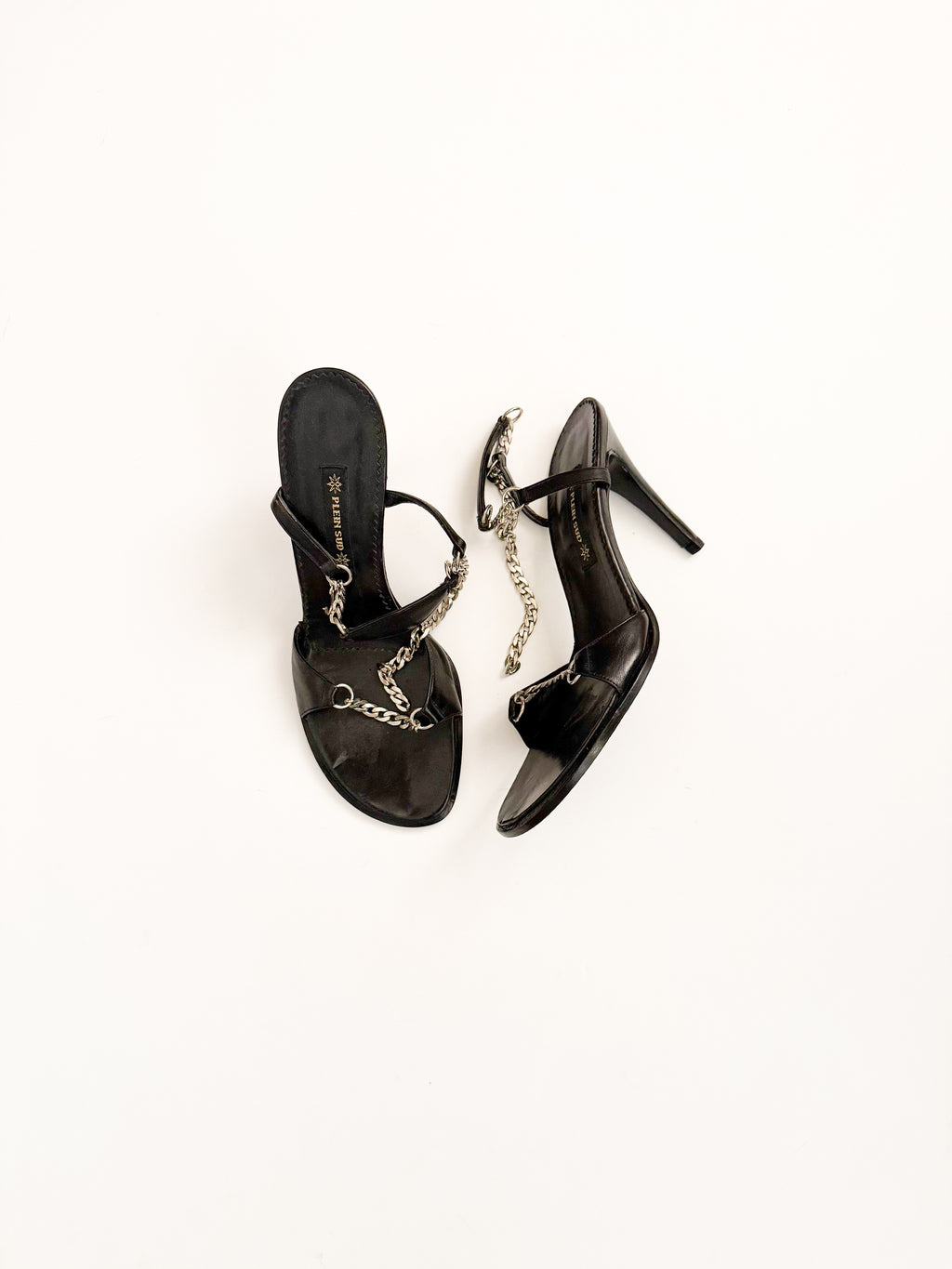 Plein Sud Black Leather Silver Chain Heels