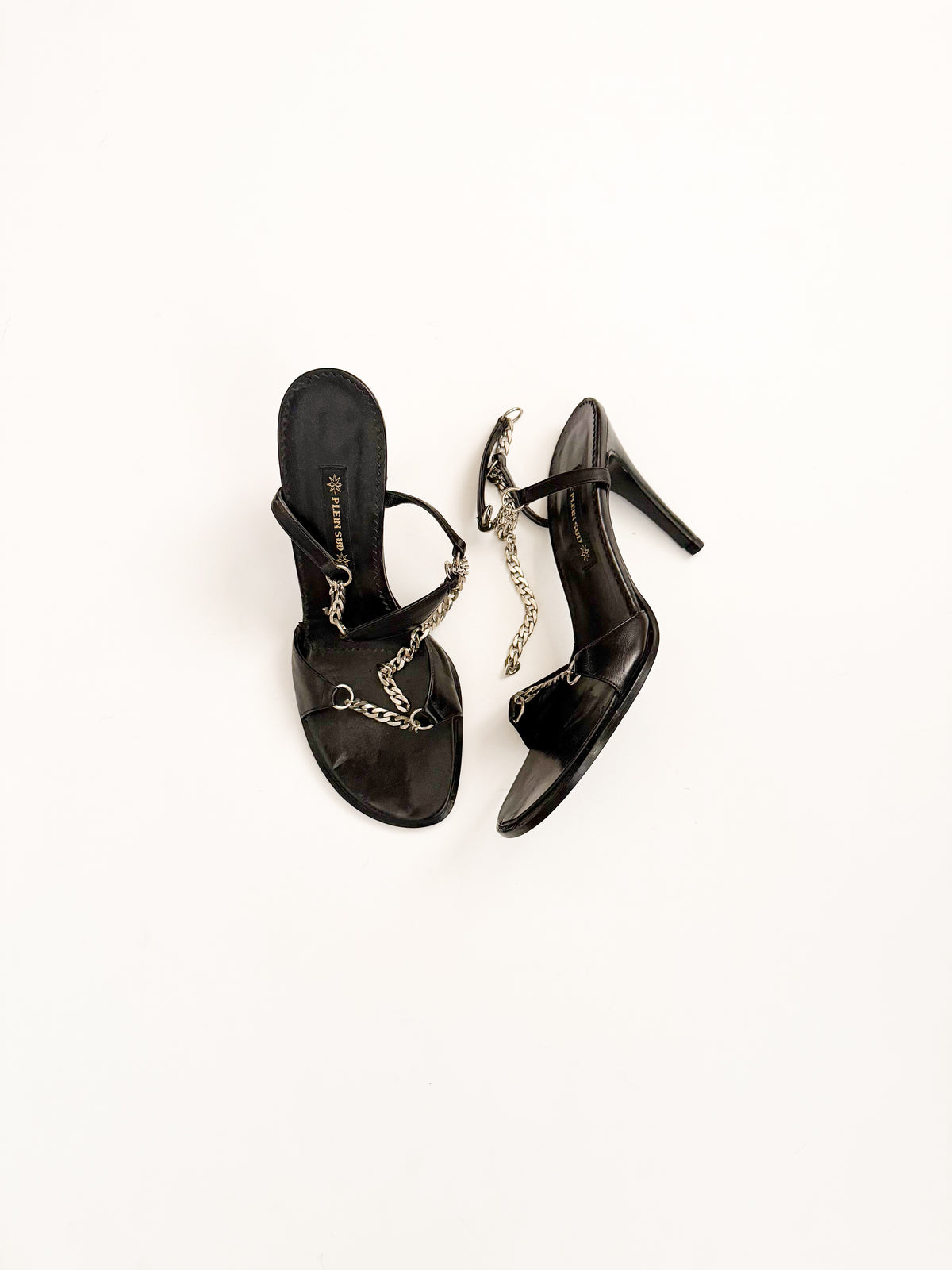 Plein Sud Black Leather Silver Chain Heels