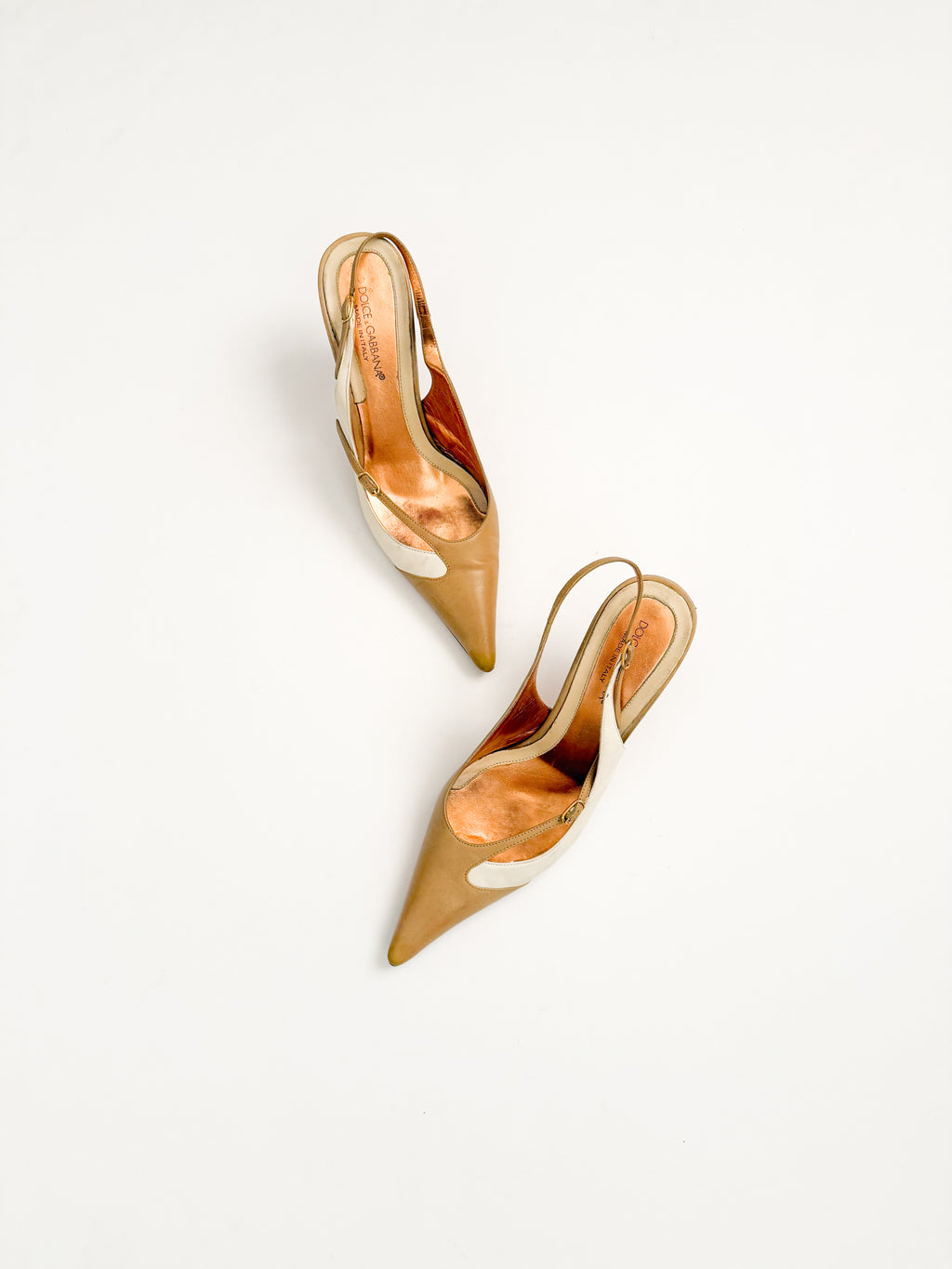 Dolce & Gabbana Tan & White Pointed Slingback Heels