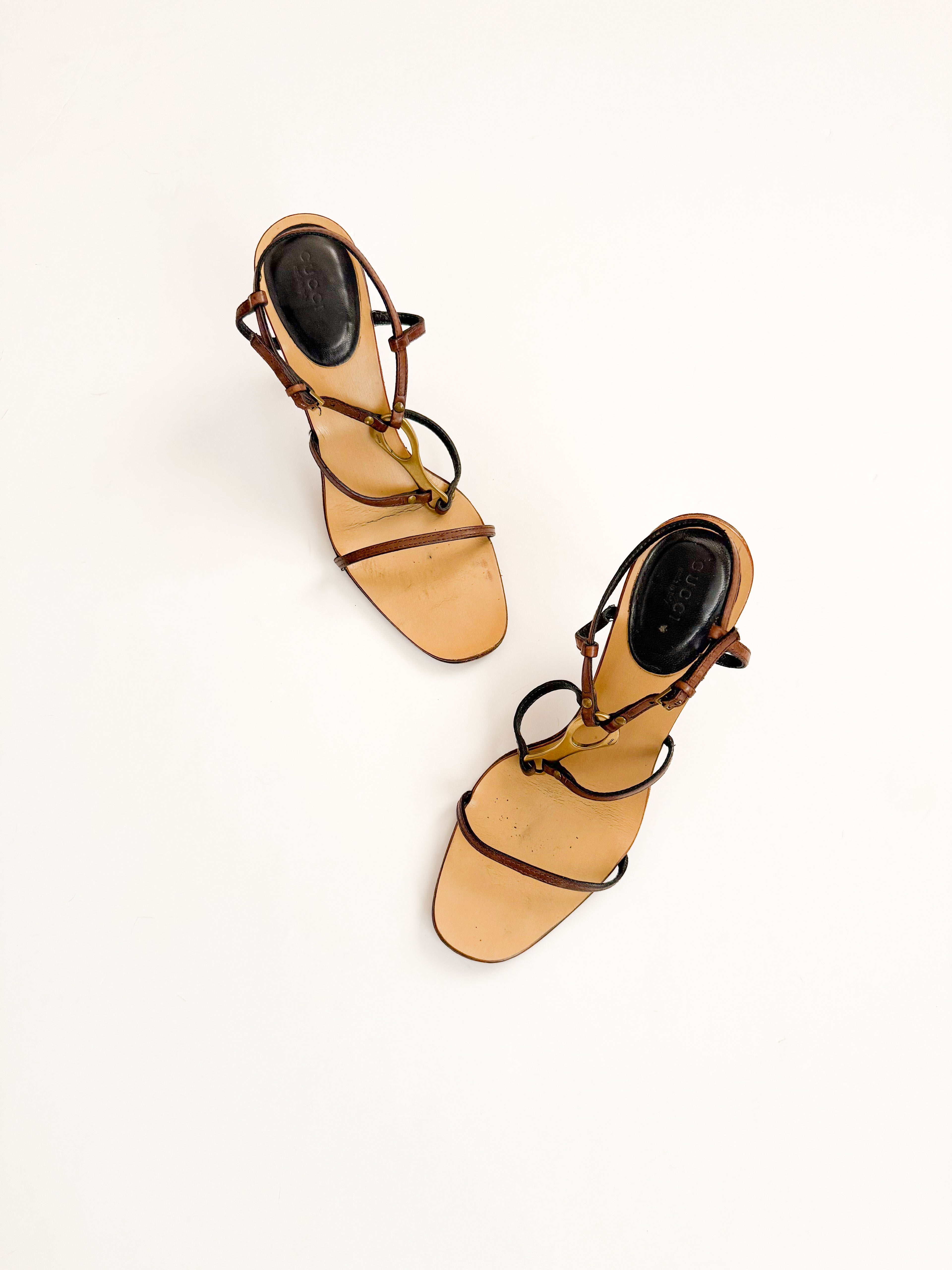 Gucci Horsebit Brown Strappy Leather Heels