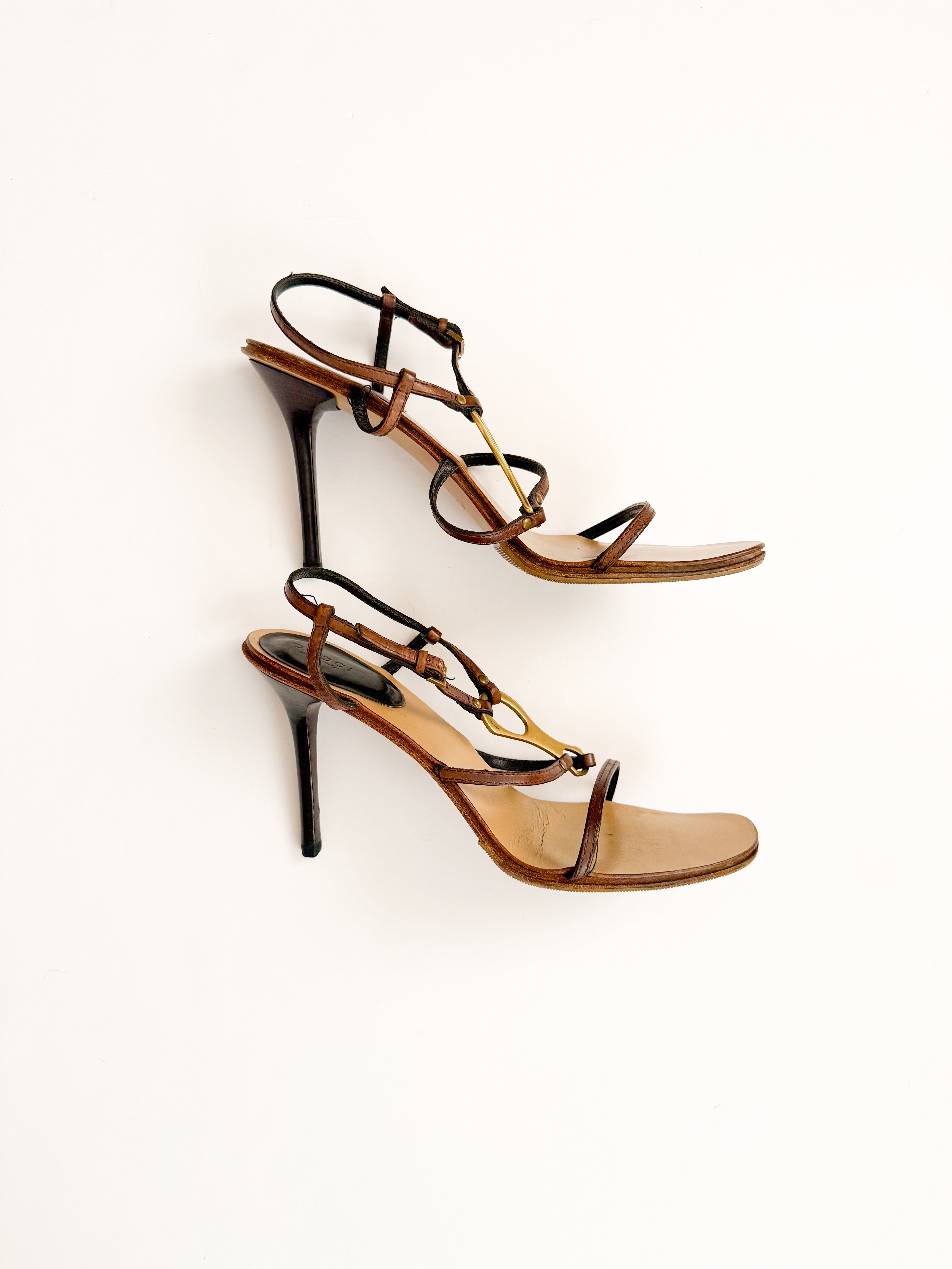 Gucci Horsebit Brown Strappy Leather Heels